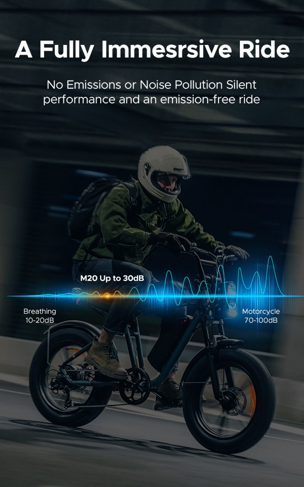 Una persona monta una bicicleta eléctrica negra. La imagen muestra una comparación de ondas sonoras de respiración y ruidos de motocicleta.
