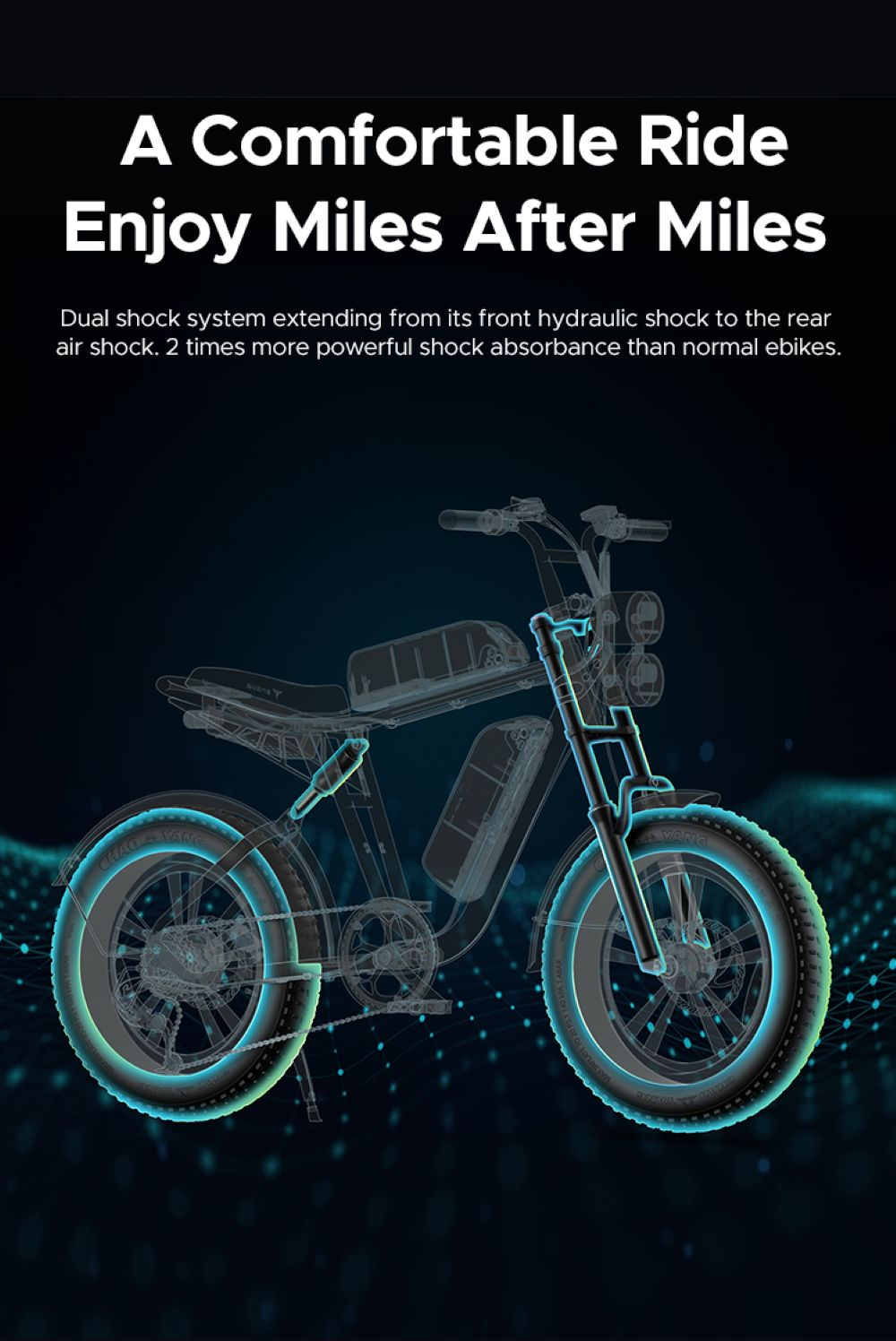 Ilustración de una bicicleta eléctrica, con enfoque en su sistema de amortiguación y ruedas, sobre fondo azul oscuro.
