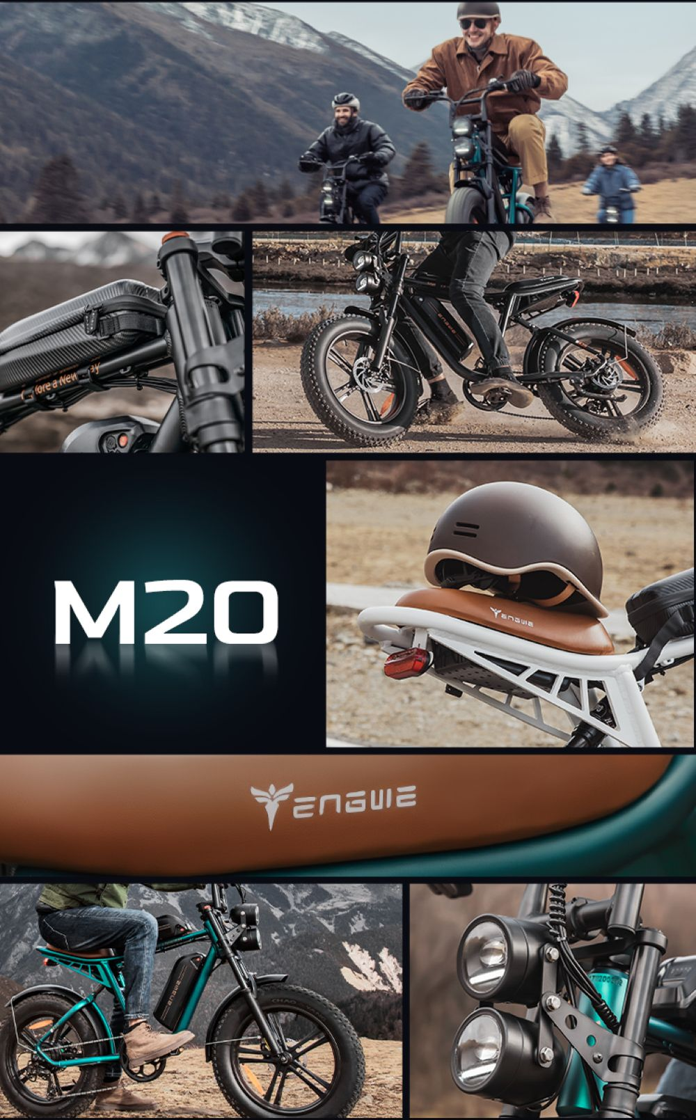 Un collage que muestra bicicletas eléctricas M20 en un entorno montañoso. Incluye ciclistas en bicicletas, primeros planos de detalles de bicicletas y el logotipo de la marca.