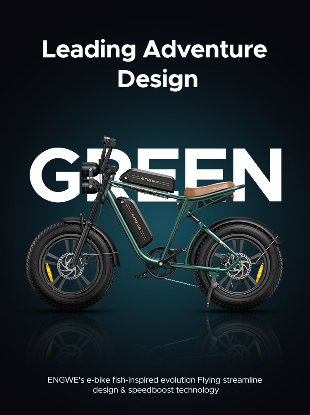 Se muestra una e-bike ENGWE verde. La palabra 'GREEN' es prominente. La bicicleta tiene neumáticos negros, asiento marrón y diseño elegante.