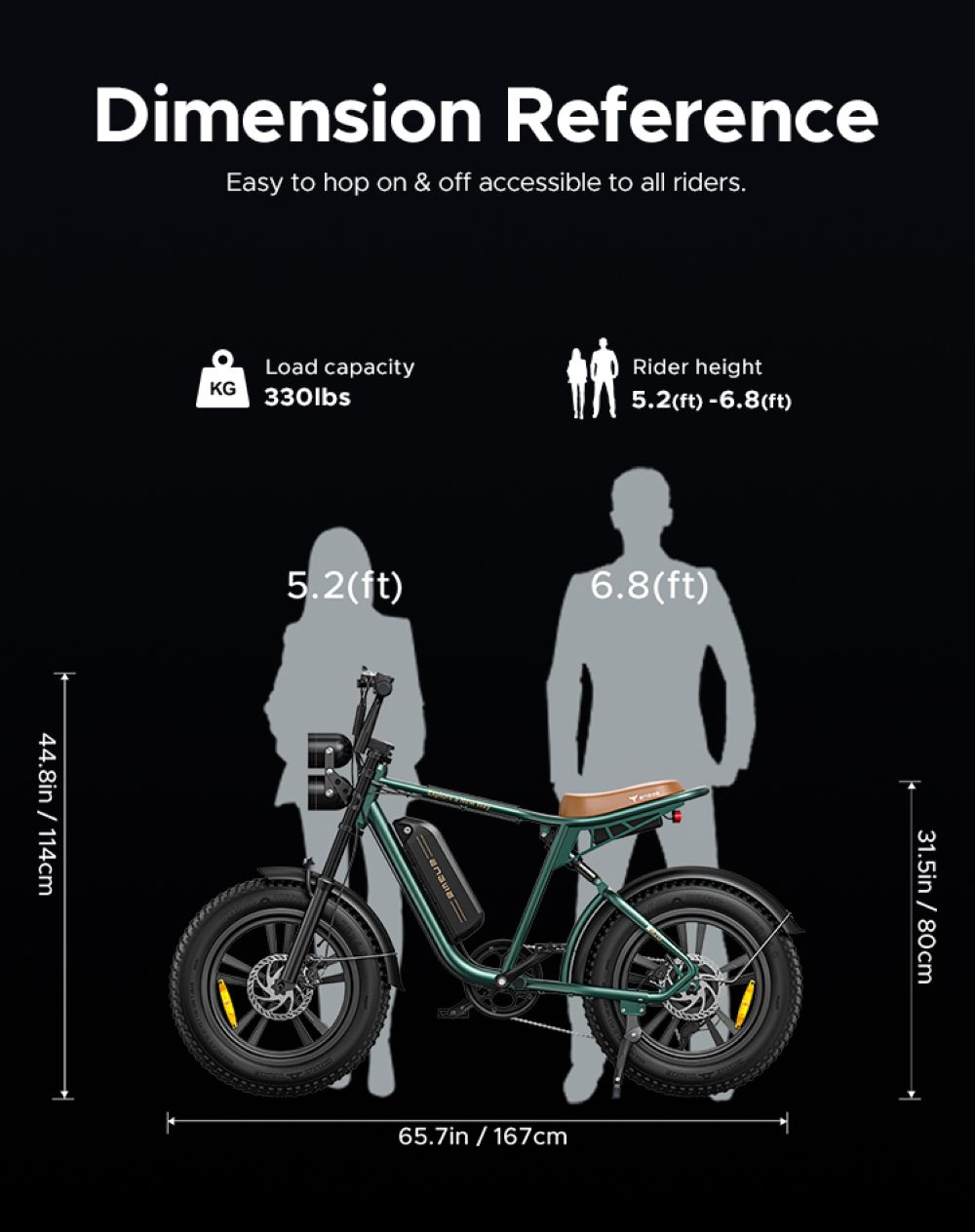 Diagrama muestra una e-bike, dimensiones, rango de altura del ciclista y capacidad de carga. La bici es verde, con asiento marrón, sobre fondo negro.