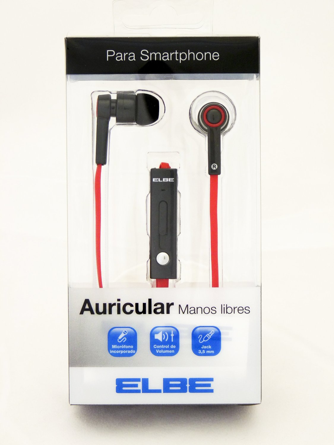 Zestaw słuchawkowy Elbe w czarno-czerwonym pudełku. Na pudełku napis 'Para Smartphone' i 'Auricular Manos libres'.