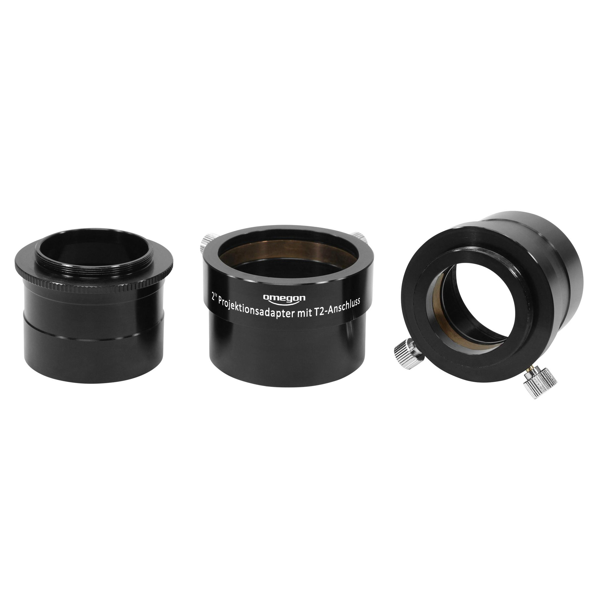 Drei schwarze Metallteleskopadapter, beschriftet. Einer mit 'Omegon', zwei mit Knöpfen.