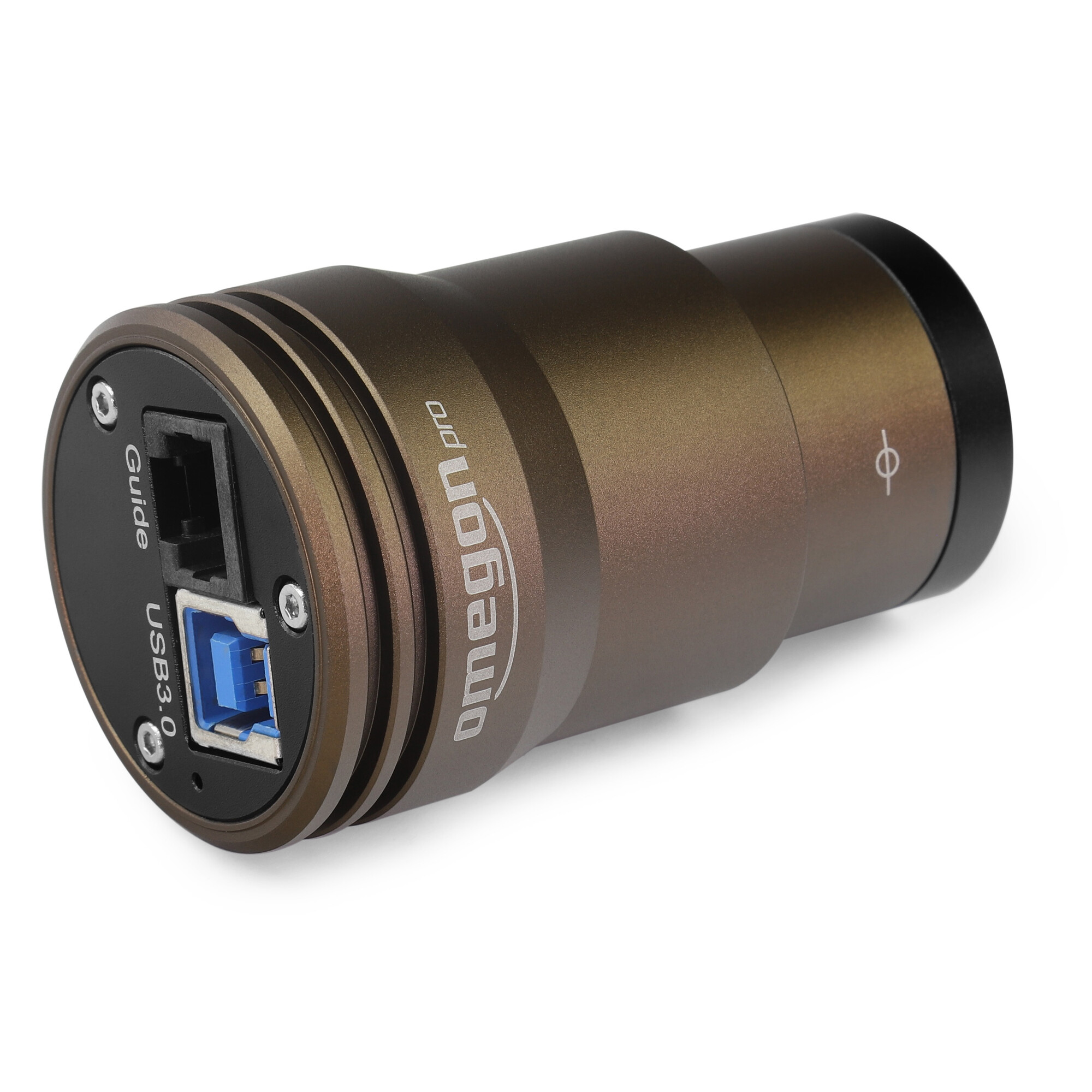 Eine bronzefarbene Omegon Pro-Kamera mit Anschlüssen für USB 3.0, Guide und einen Anschluss. Schwarz-Bronze-Design auf weißem Hintergrund.
