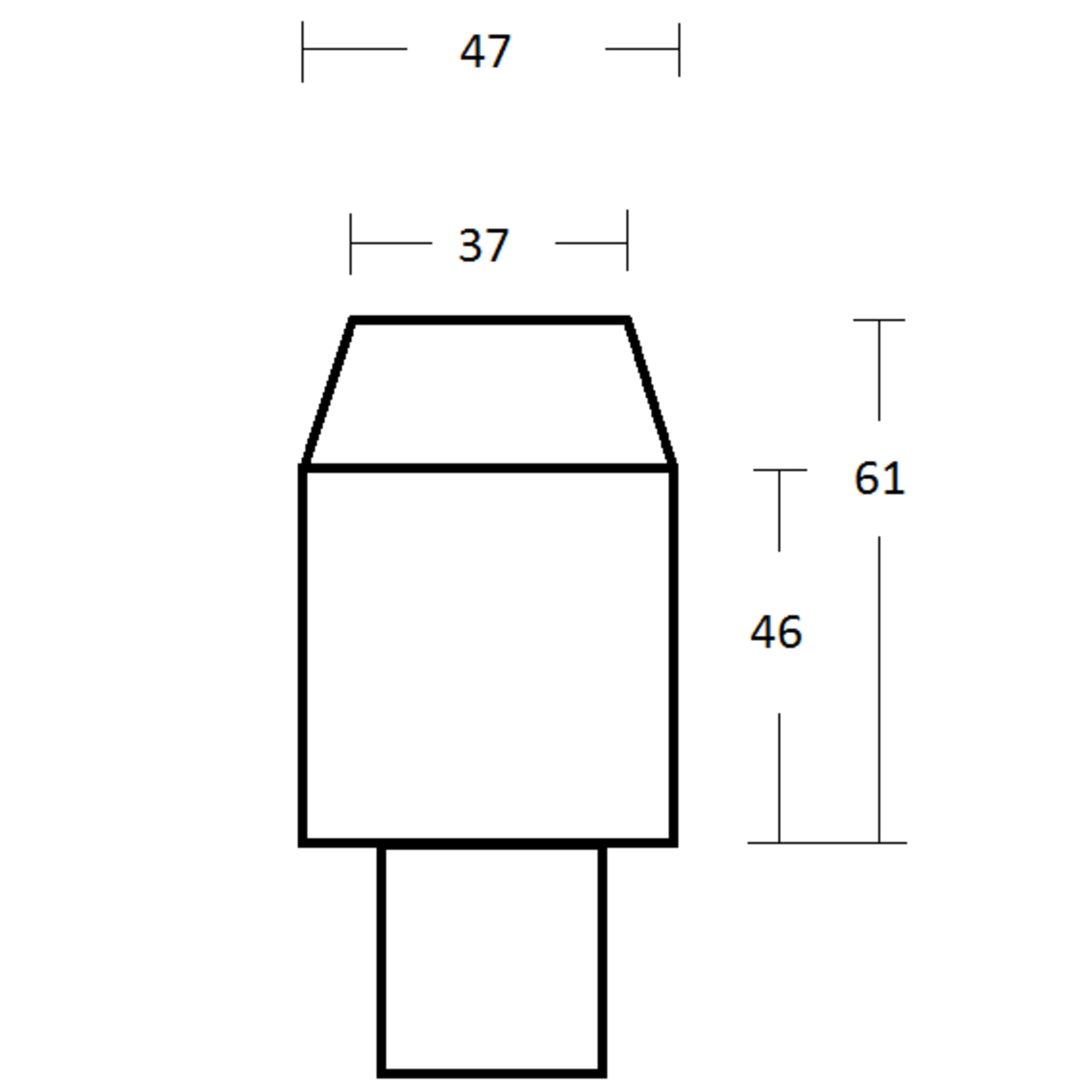 Diagramm einer schwarzen geometrischen Form. Es hat ein Trapez auf einem Rechteck und ein kleineres Rechteck darunter.