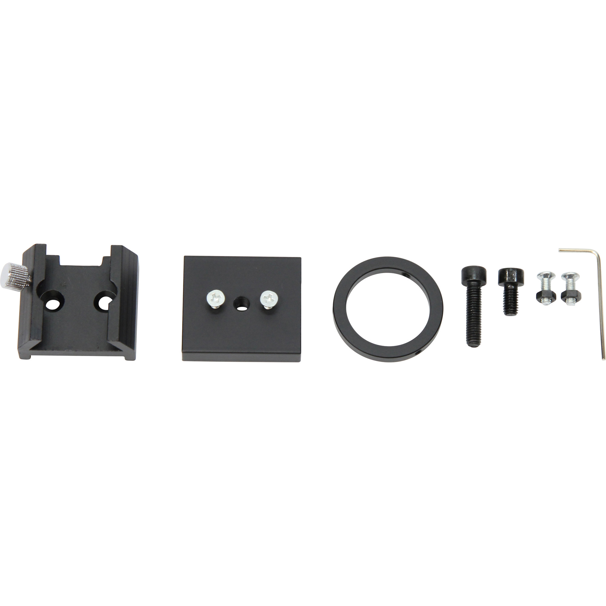 Schwarze Metall-Kamera-Montagezubehörteile auf weißem Hintergrund. Enthält Platten, Ring, Schrauben und einen Inbusschlüssel.