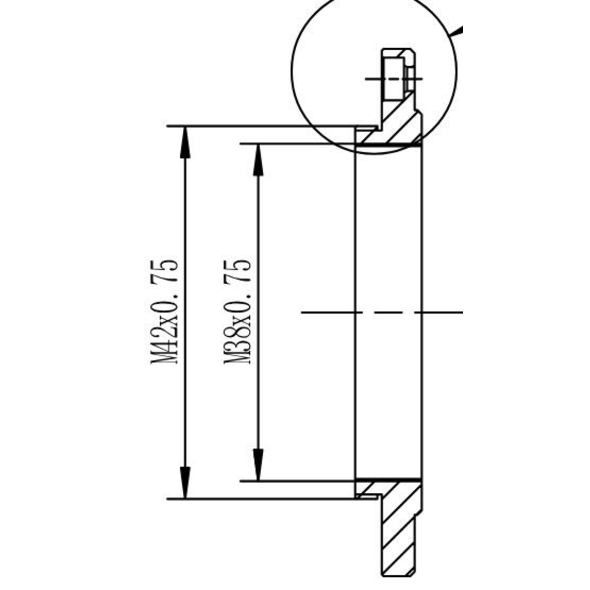 Technische Zeichnung eines zylindrischen Teils mit den Maßen M42x0,75 und M38x0,75. Eine detaillierte Ausschnittansicht ist dargestellt.
