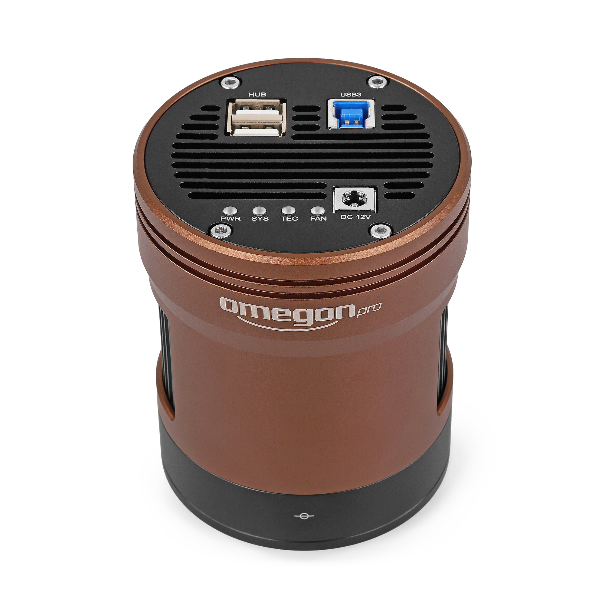Ein bronzefarbenes Omegon Pro-Gerät mit USB-Anschlüssen und Anzeigen. Das Gerät steht auf einer weißen Oberfläche.