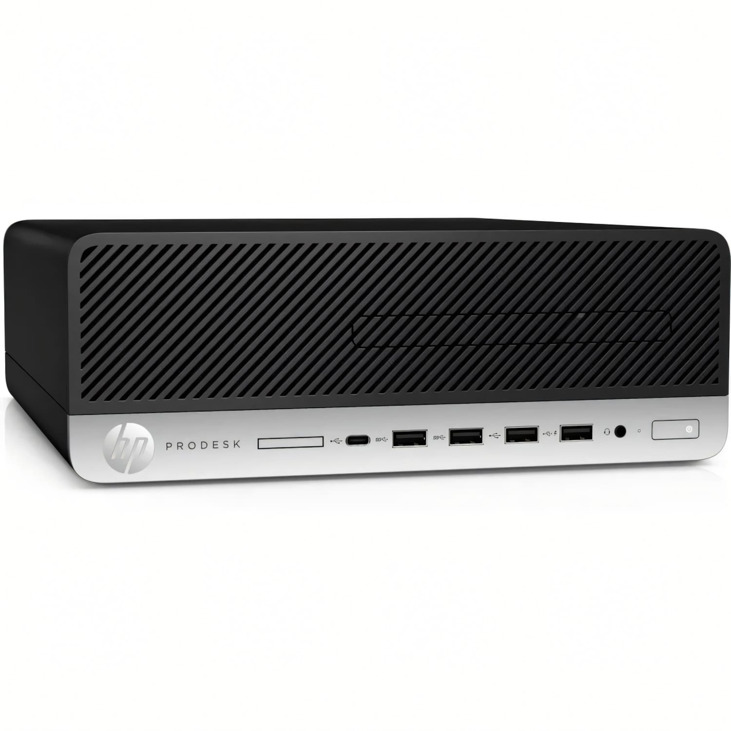 Un ordenador HP ProDesk negro y plateado. Tiene un panel frontal acanalado y varios puertos. El logotipo de HP es visible.