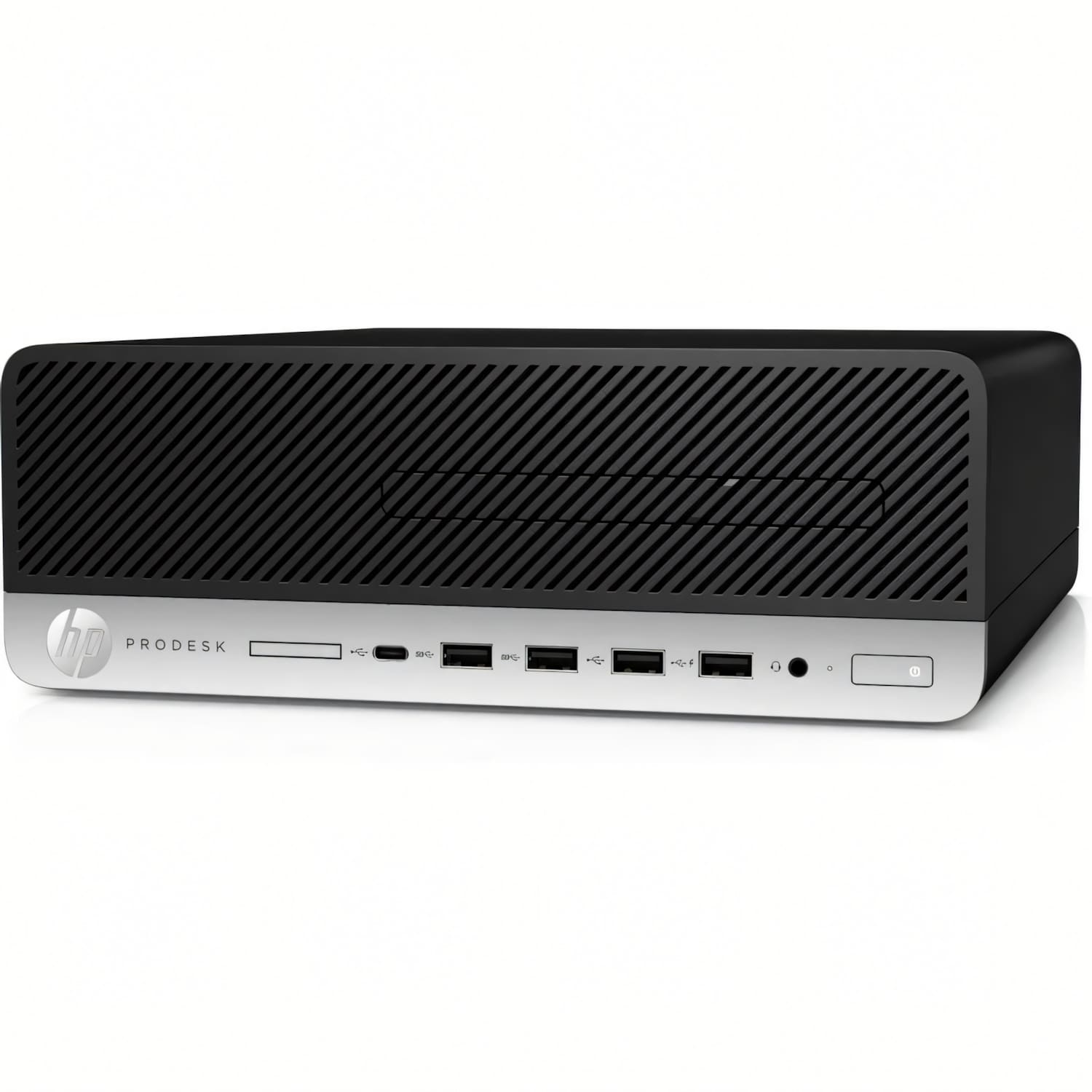 Una computadora de escritorio HP ProDesk negra. Tiene puertos, un botón de encendido y el logotipo de HP en el panel frontal. El fondo es blanco.