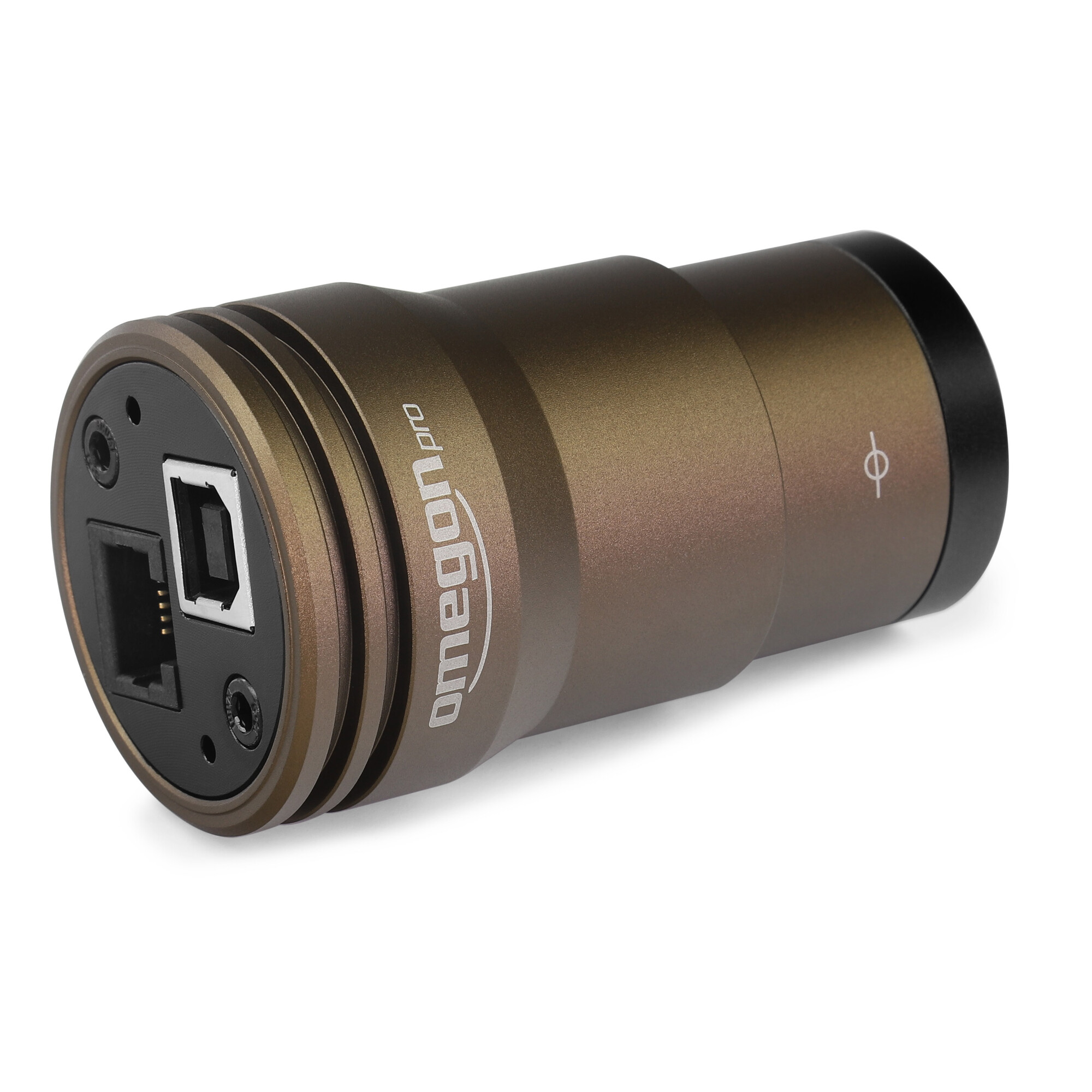 Eine bronzefarbene Omegon Pro Kamera mit USB-Anschluss und schwarzer Endkappe, auf weißem Hintergrund.
