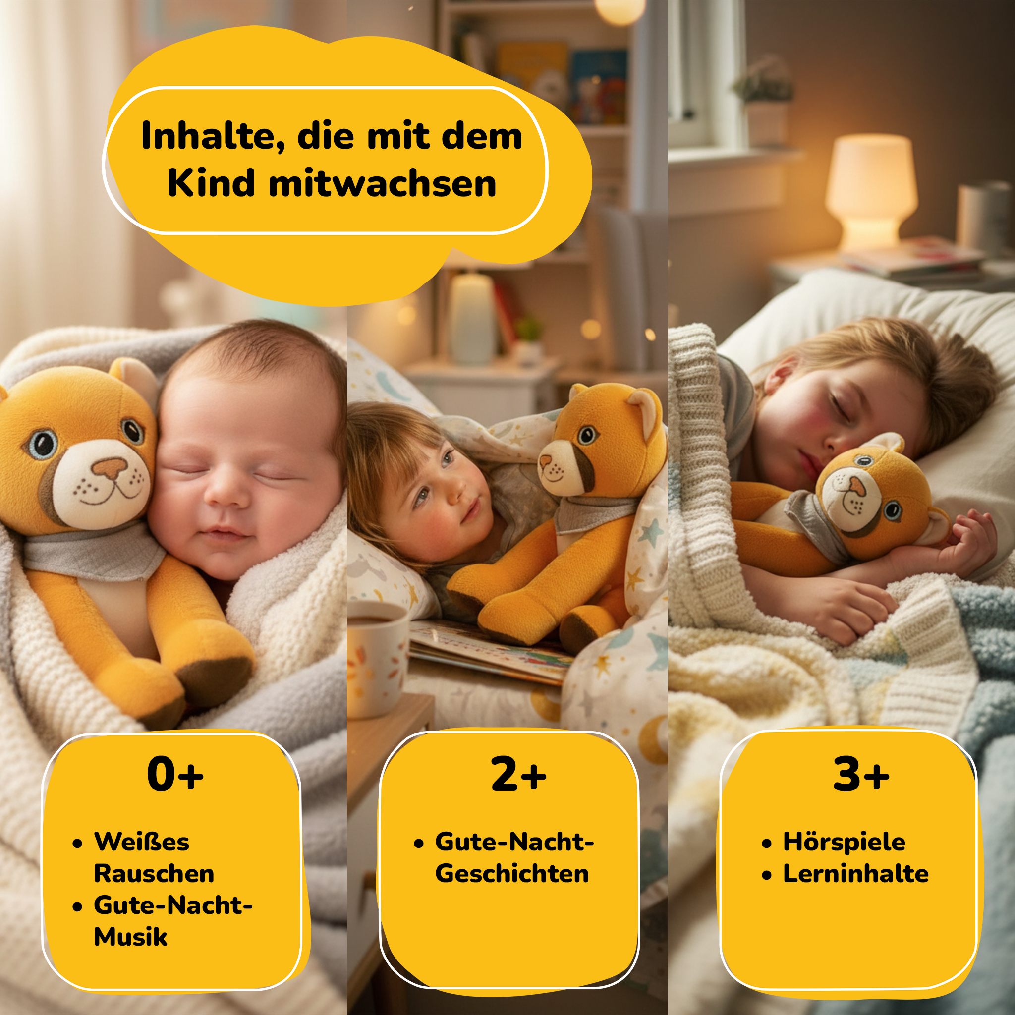 Das Bild zeigt ein Baby, ein Kleinkind und ein Kind mit Teddybären. Textfelder bieten Inhalte für verschiedene Altersgruppen.