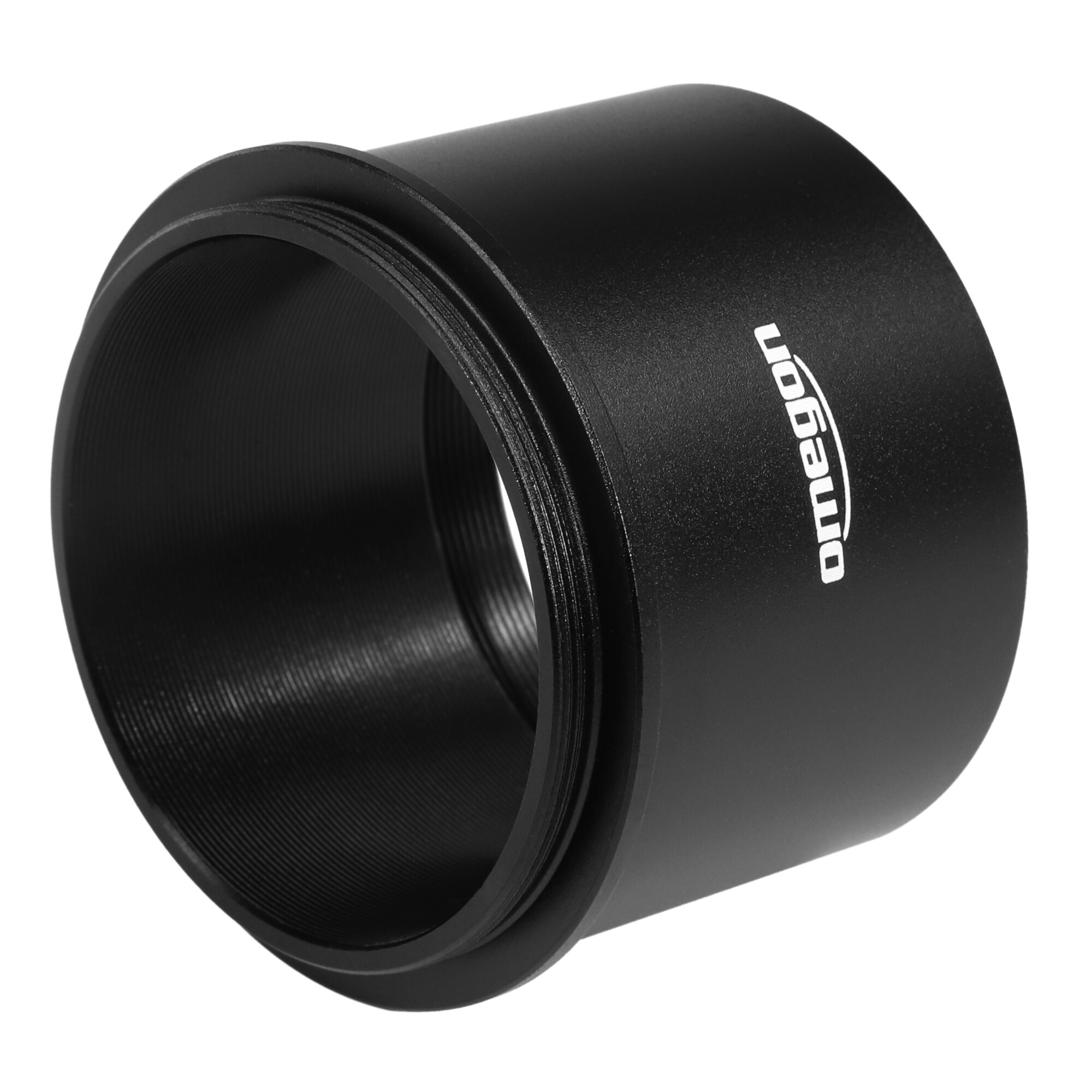 Ein schwarzer Omegon T2-Adapterring. Er hat an beiden Enden Gewinde, und das Omegon-Logo ist sichtbar.