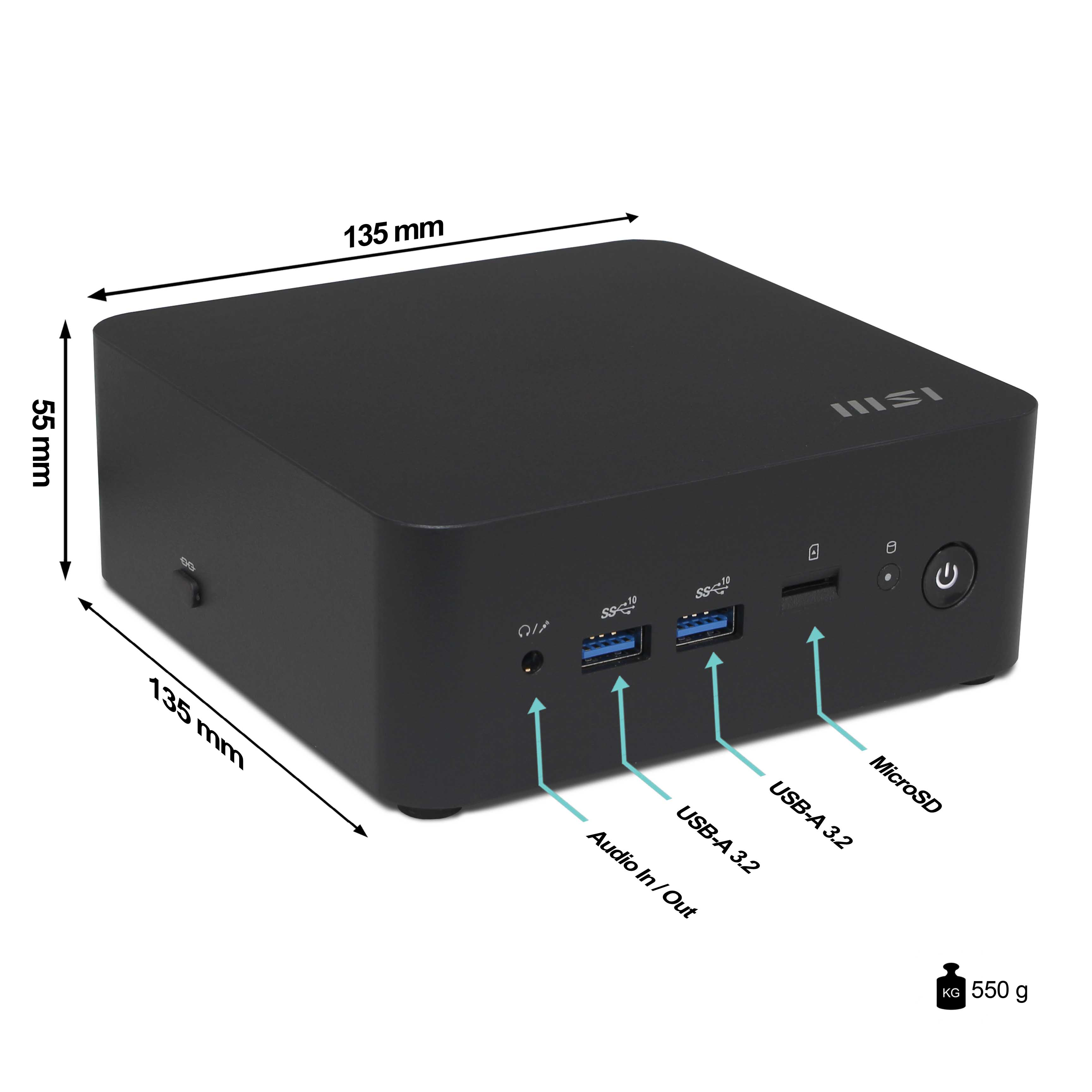 Mini PC nero con dimensioni indicate. Include porte USB, audio in/out, slot microSD e pulsante di accensione.