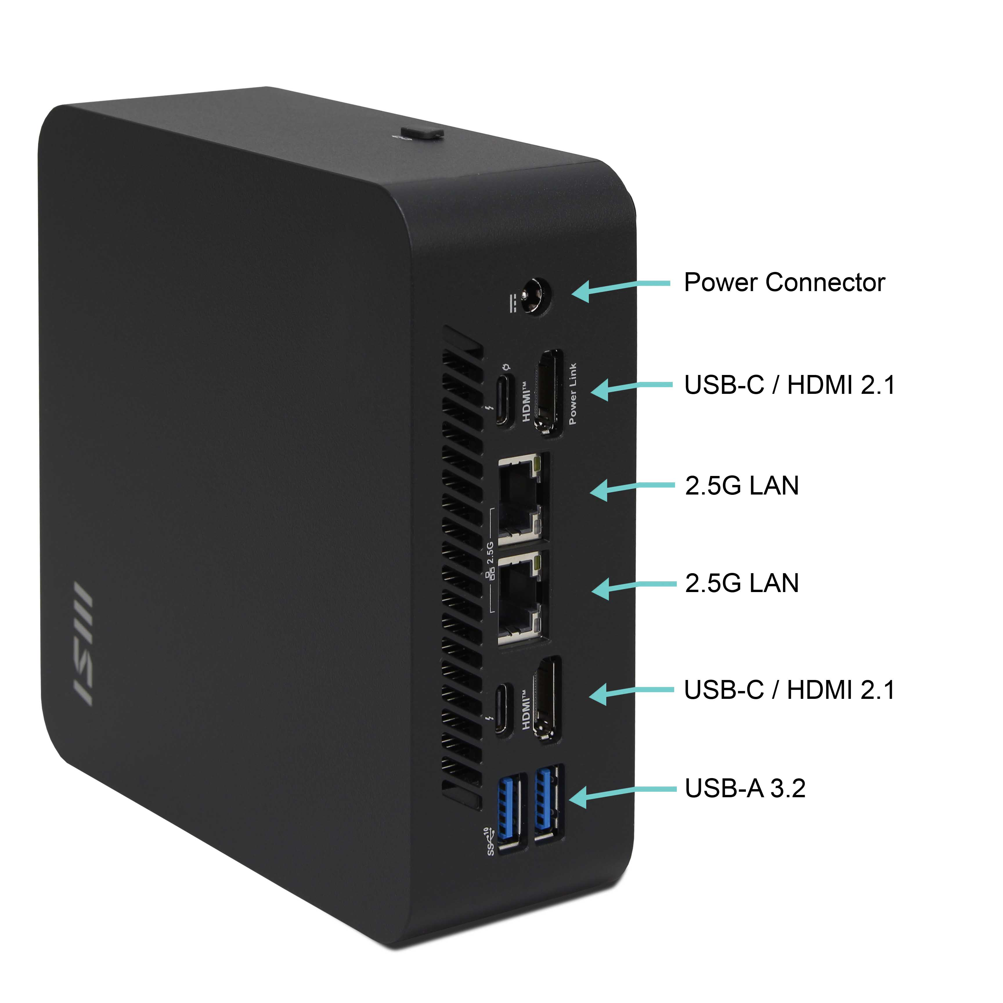 Mini PC nero con più porte. Include connessioni di alimentazione, HDMI, USB e LAN.