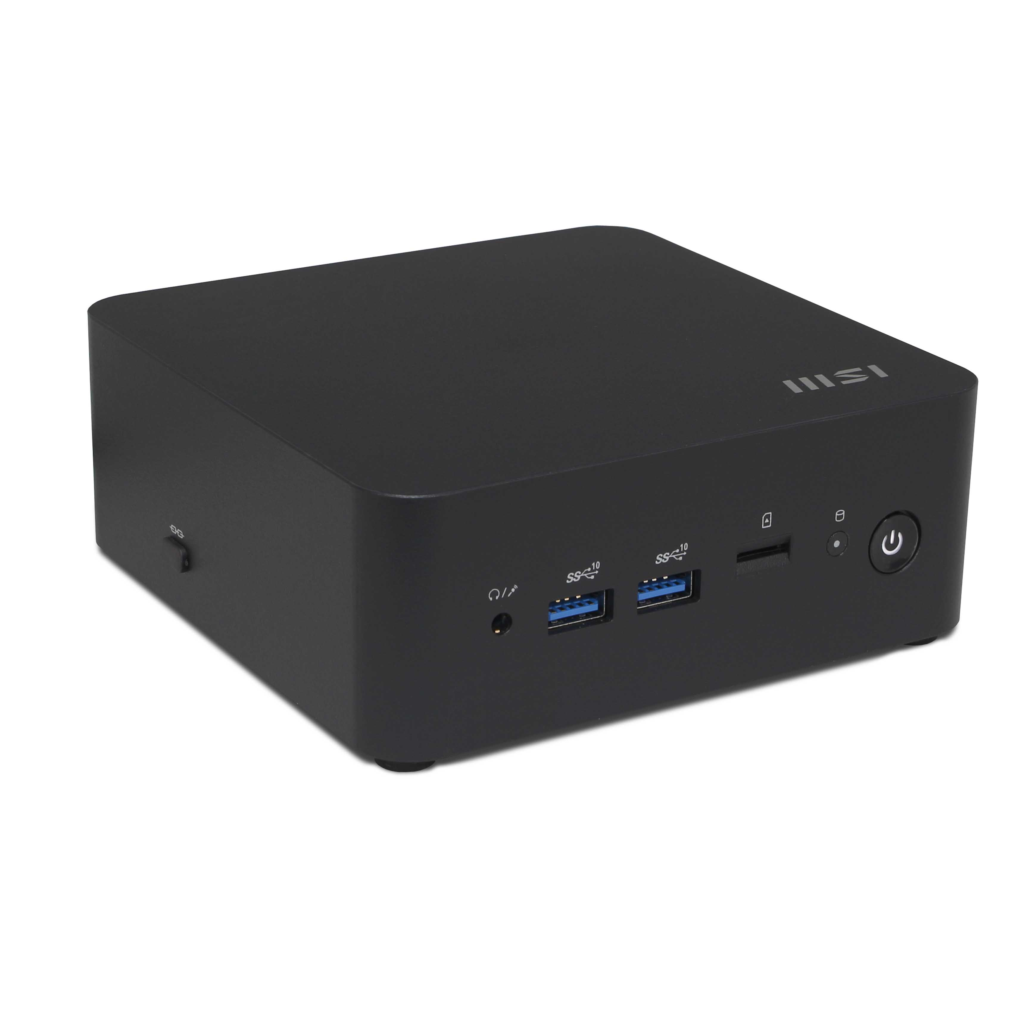Un mini-computer nero su una superficie bianca. Ha porte USB, pulsante di accensione e il logo 'MSI'.