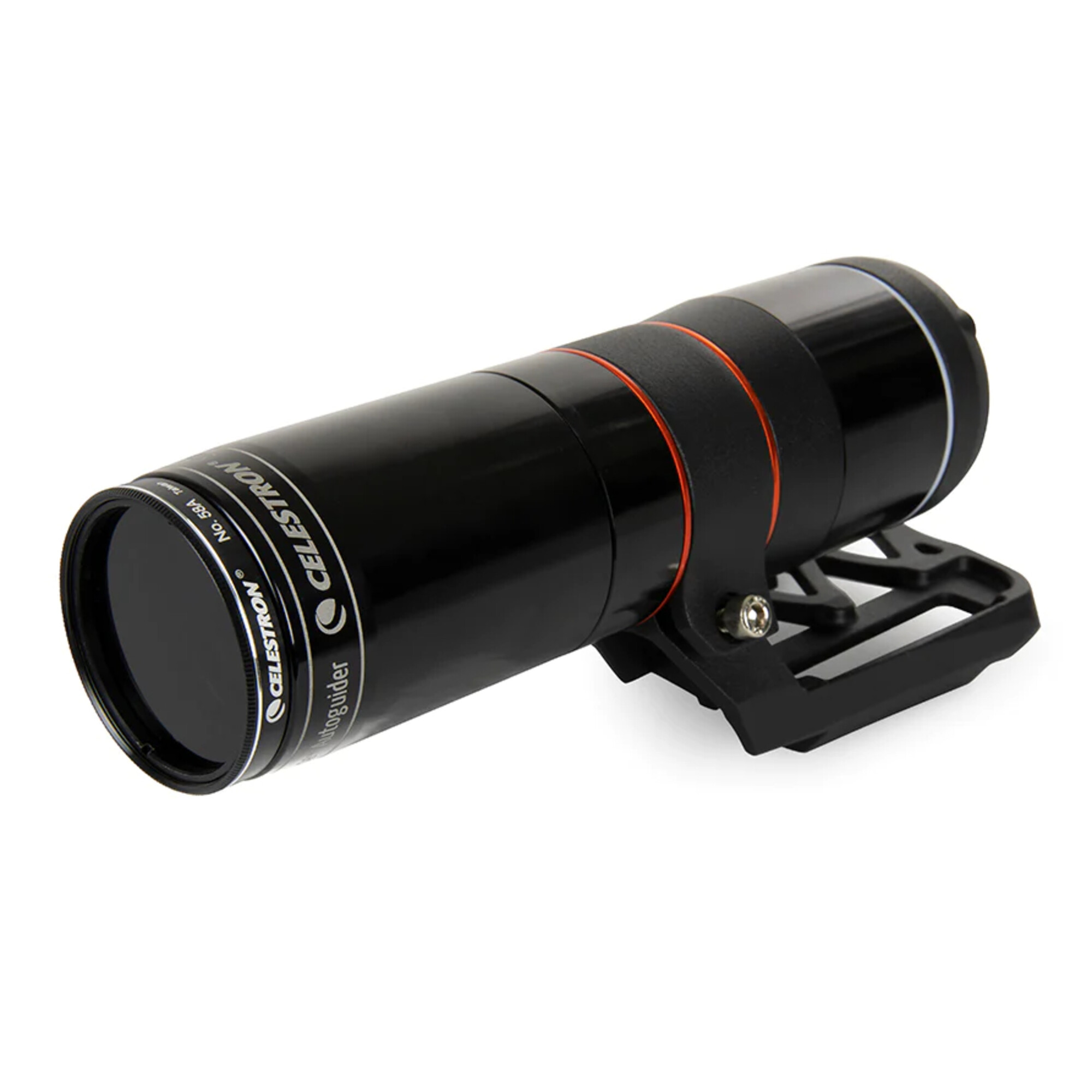 Schwarzes Celestron Autoguider-Teleskop mit roten Ringen und einer schwarzen Halterung, vor weißem Hintergrund.