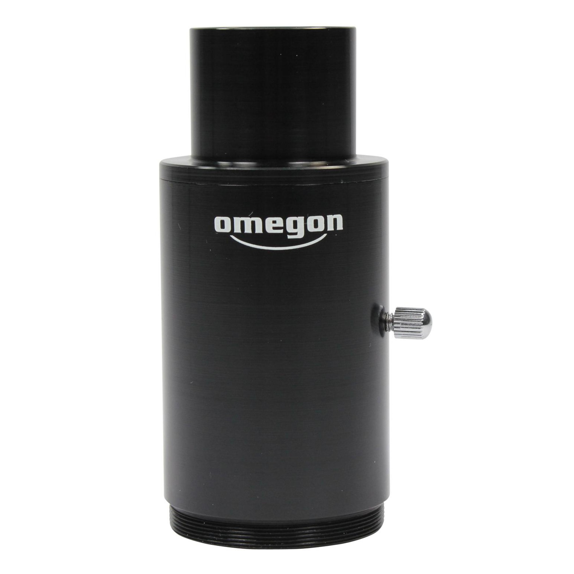 Ein schwarzer Omegon-Teleskopadapter. Es hat eine silberne Schraube und einen weißen Hintergrund.