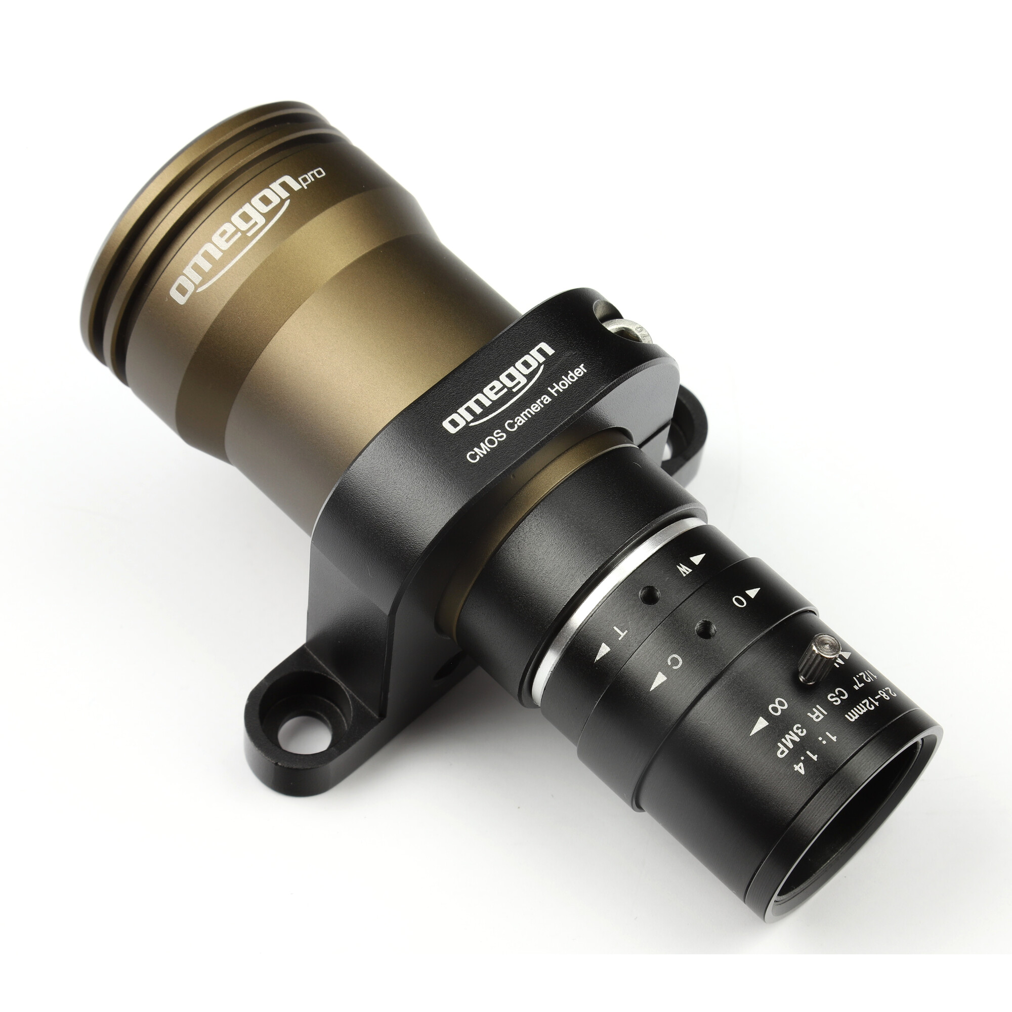 Ein Omegon-Kamerahalter. Es ist eine schwarze und bronzefarbene Kamera mit Text, der 'omegon' und 'CMOS Camera Holder' lautet.