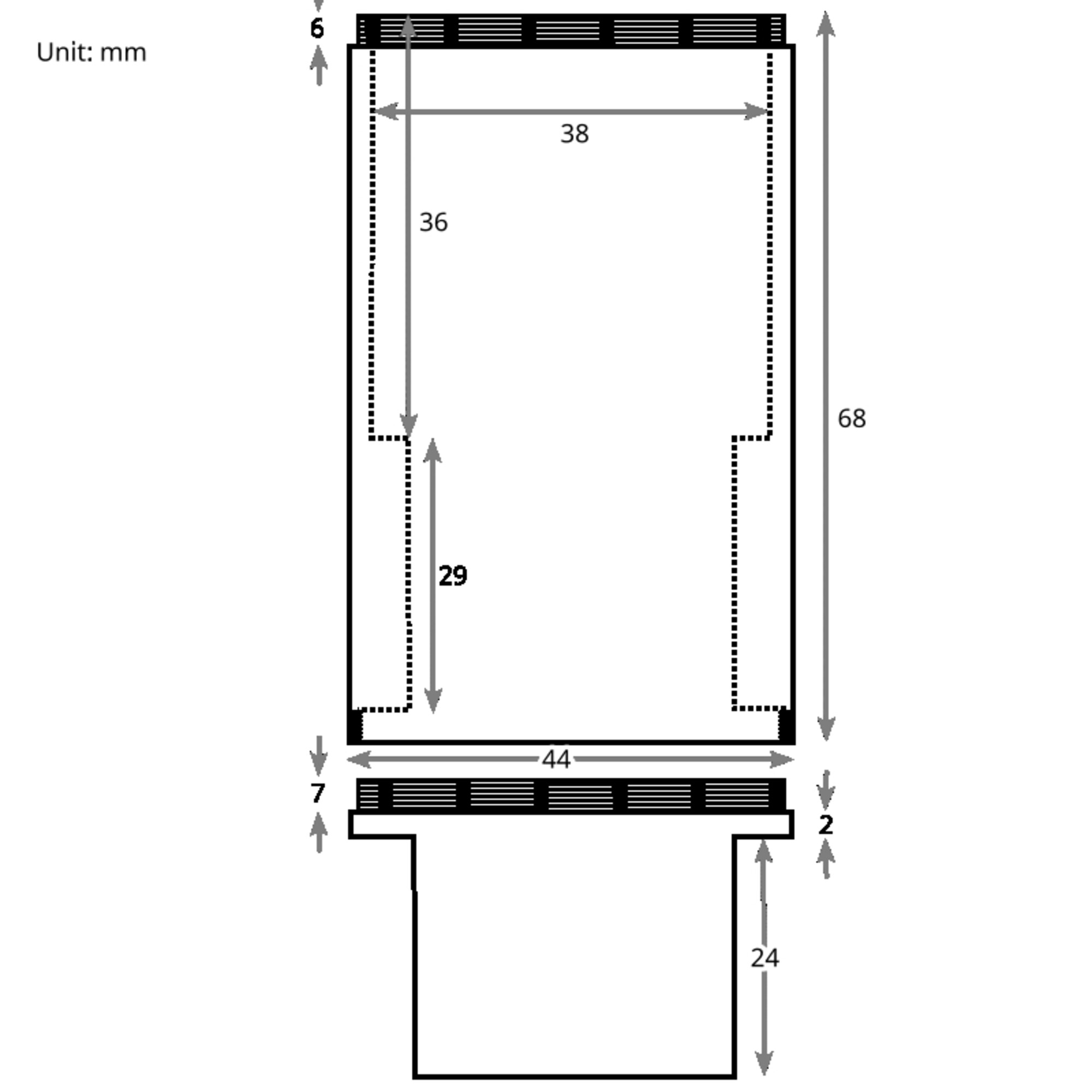 Diagramm mit Abmessungen in mm. Es zeigt eine rechteckige Form mit verschiedenen Messungen, darunter 68, 44, 38, 36, 29, 2, 6, 7 und 24.