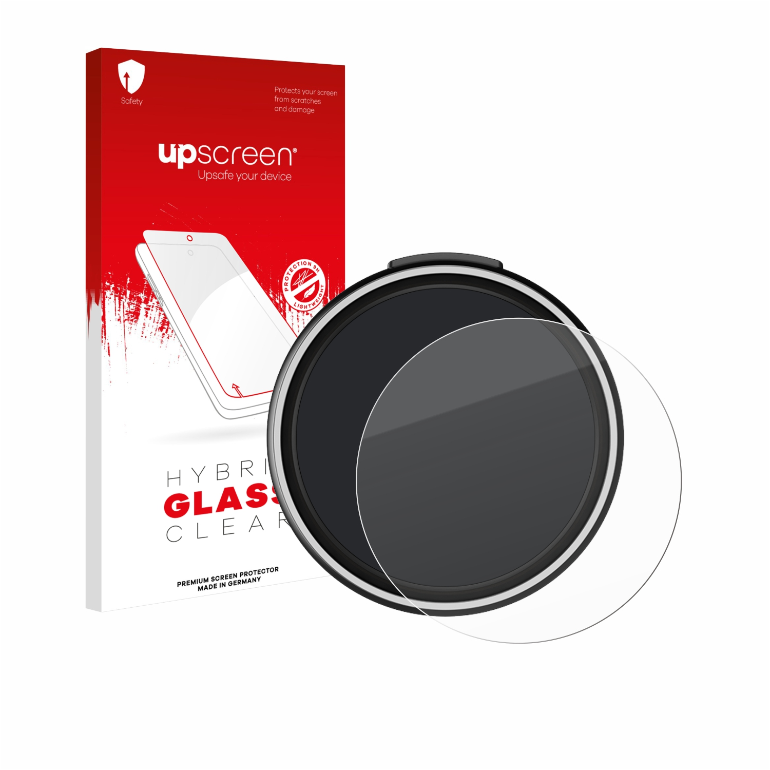 Eine Displayschutzbox mit einem Telefonbild. Vorne ist ein runder Displayschutz. Text: 'upscreen' und 'HYBRID GLASS CLEAR'.