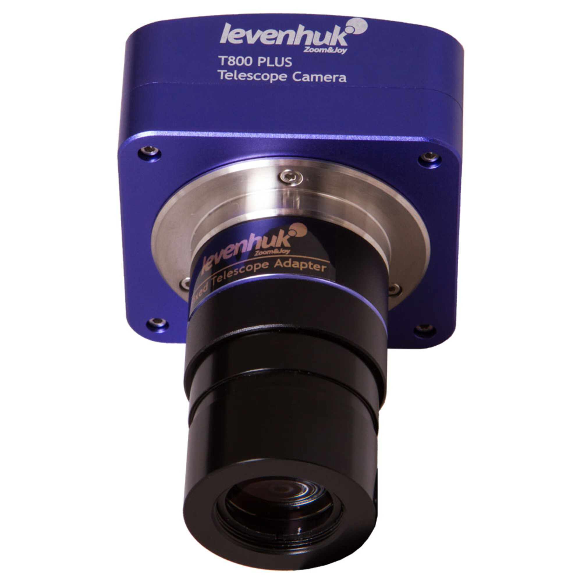 Una telecamera per telescopio Levenhuk T800 PLUS, principalmente blu e nera, è mostrata su sfondo bianco.