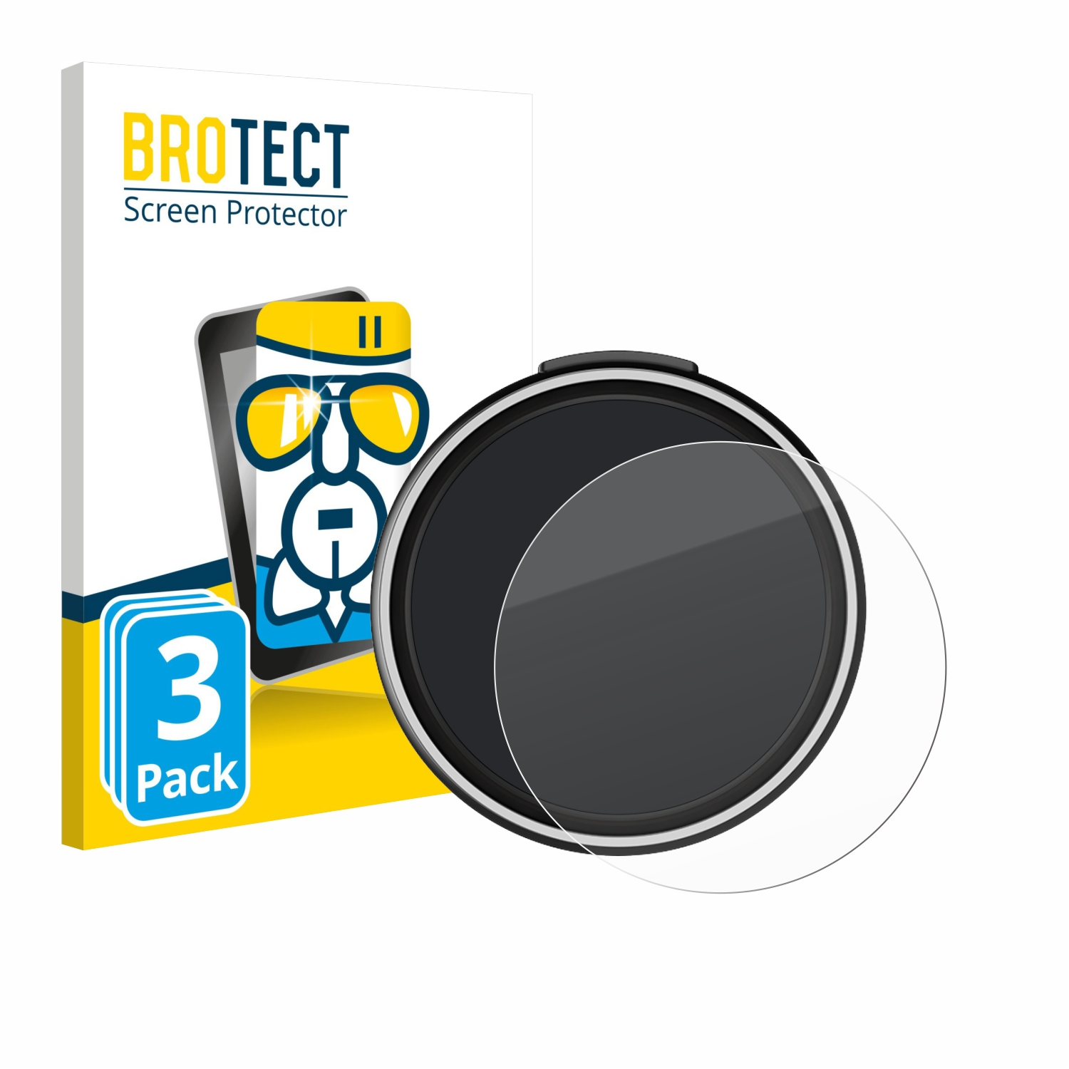 Eine Displayschutzfolienbox mit einem Displayschutz für die Uhr und einem Uhrensymbol. Auf der Box steht 'BROTECT Screen Protector' und '3 Pack'.