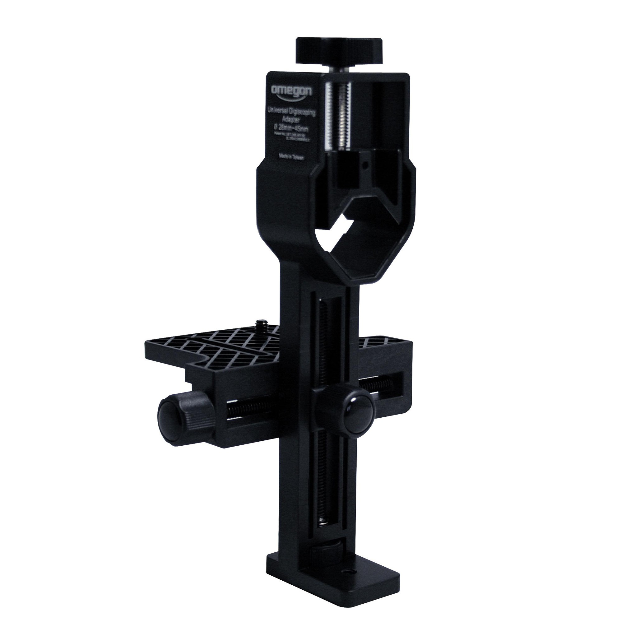Ein schwarzer Omegon Universal Digiscoping Adapter. Es hat verstellbare Teile und eine Schraube. Der Hintergrund ist weiß.