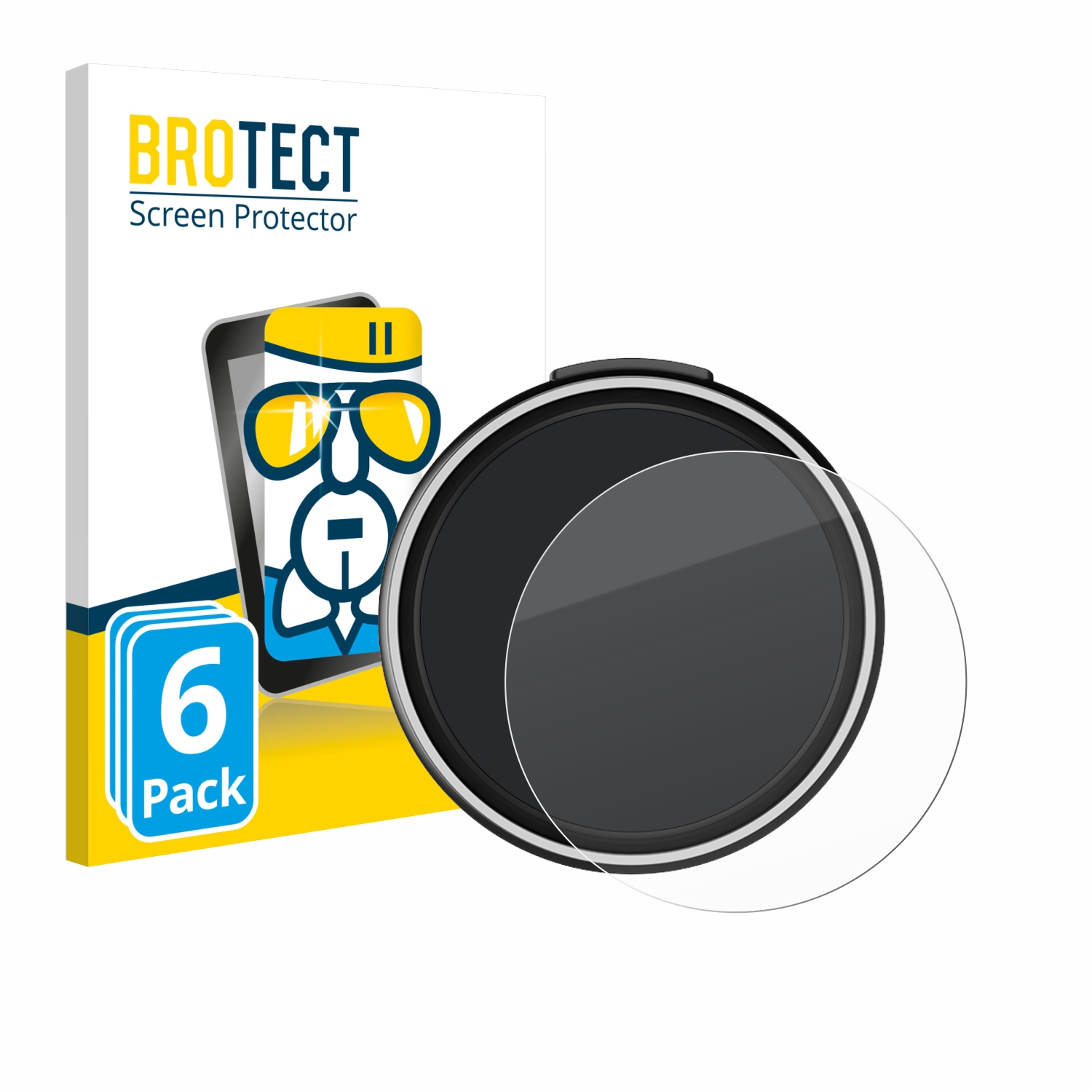 Eine Displayschutzbox mit einer Uhr und einer Displayschutzfolie. Auf der Box steht BROTECT Screen Protector und 6 Pack.