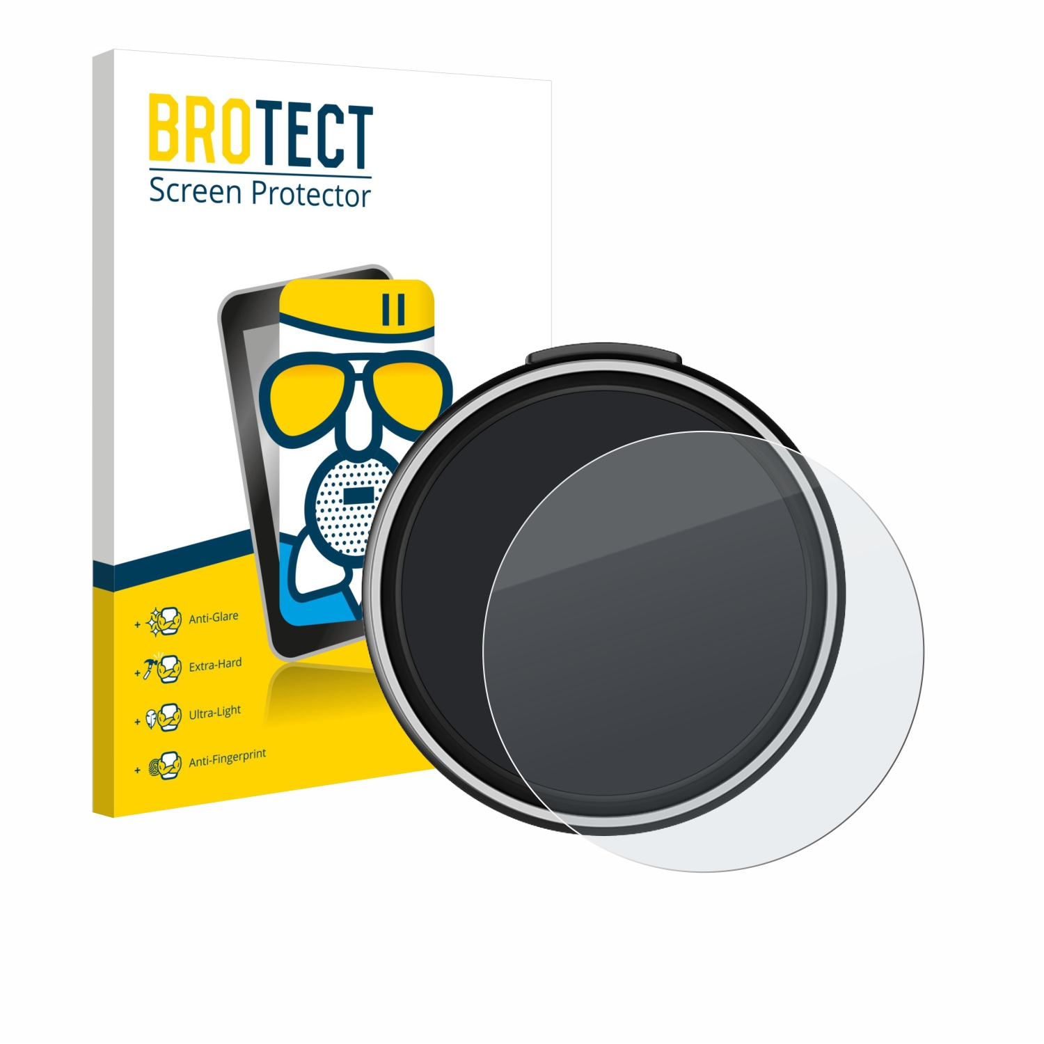 Eine Displayschutzfolienbox mit einer Uhr und einer Displayschutzfolie. Anti-Glare, extrahart, ultraleicht und Anti-Fingerprint sind erwähnt.