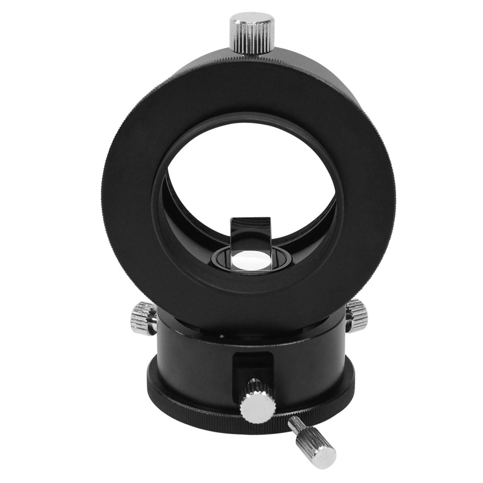Ein schwarzes optisches Instrument mit kreisförmiger Öffnung, mehreren Knöpfen und einer silbernen Einstellschraube auf weißem Hintergrund.