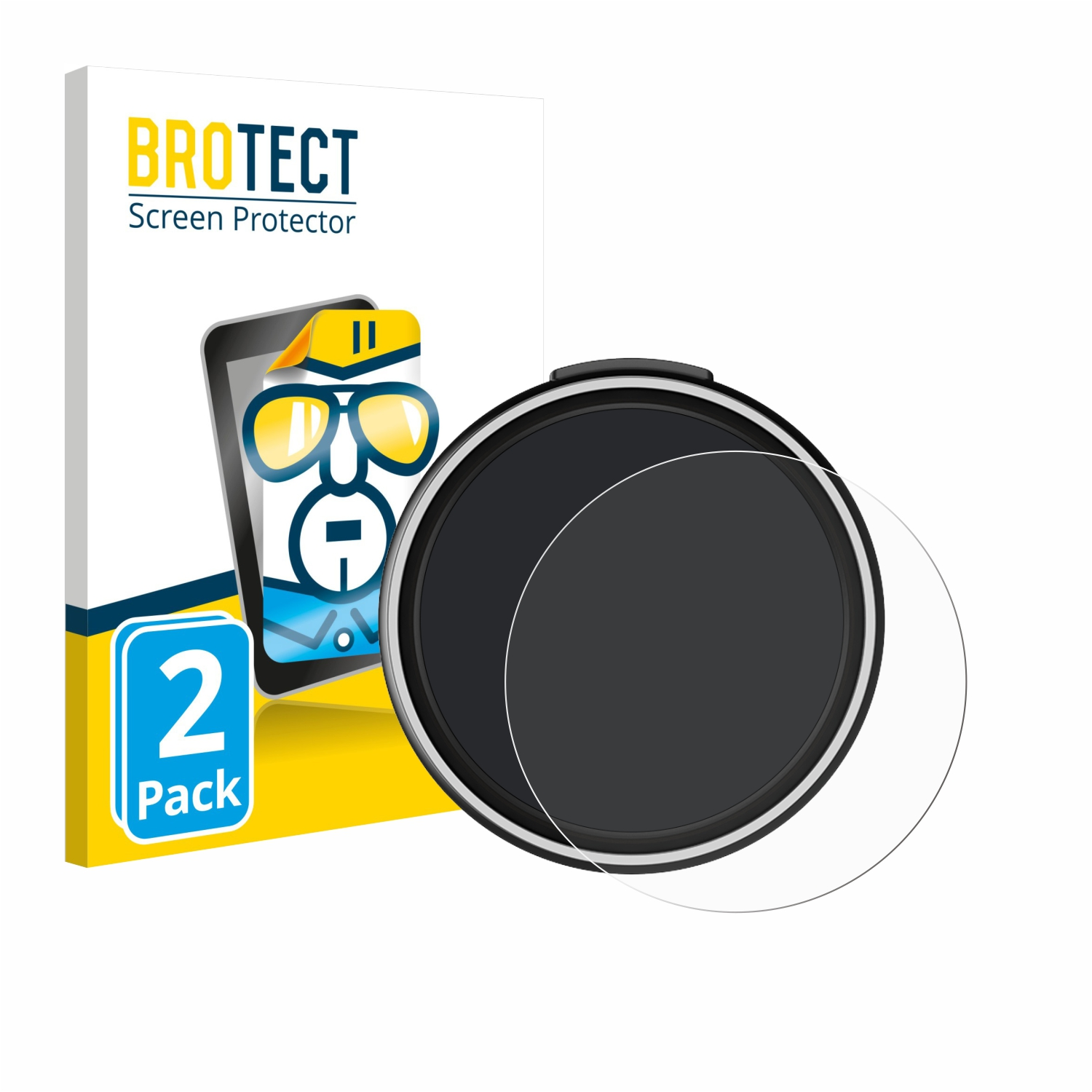 Eine Displayschutzfolienbox mit einer Telefonillustration und einem runden schwarzen Displayschutz. Auf der Box steht 'BROTECT Screen Protector'.