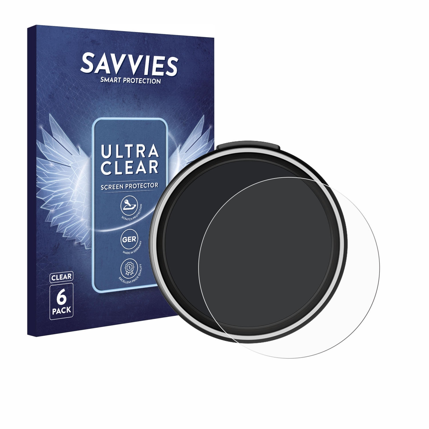 Eine Displayschutzfolienbox mit dem Markennamen Savvies, eine klare Displayschutzfolie und die Worte Ultra Clear.
