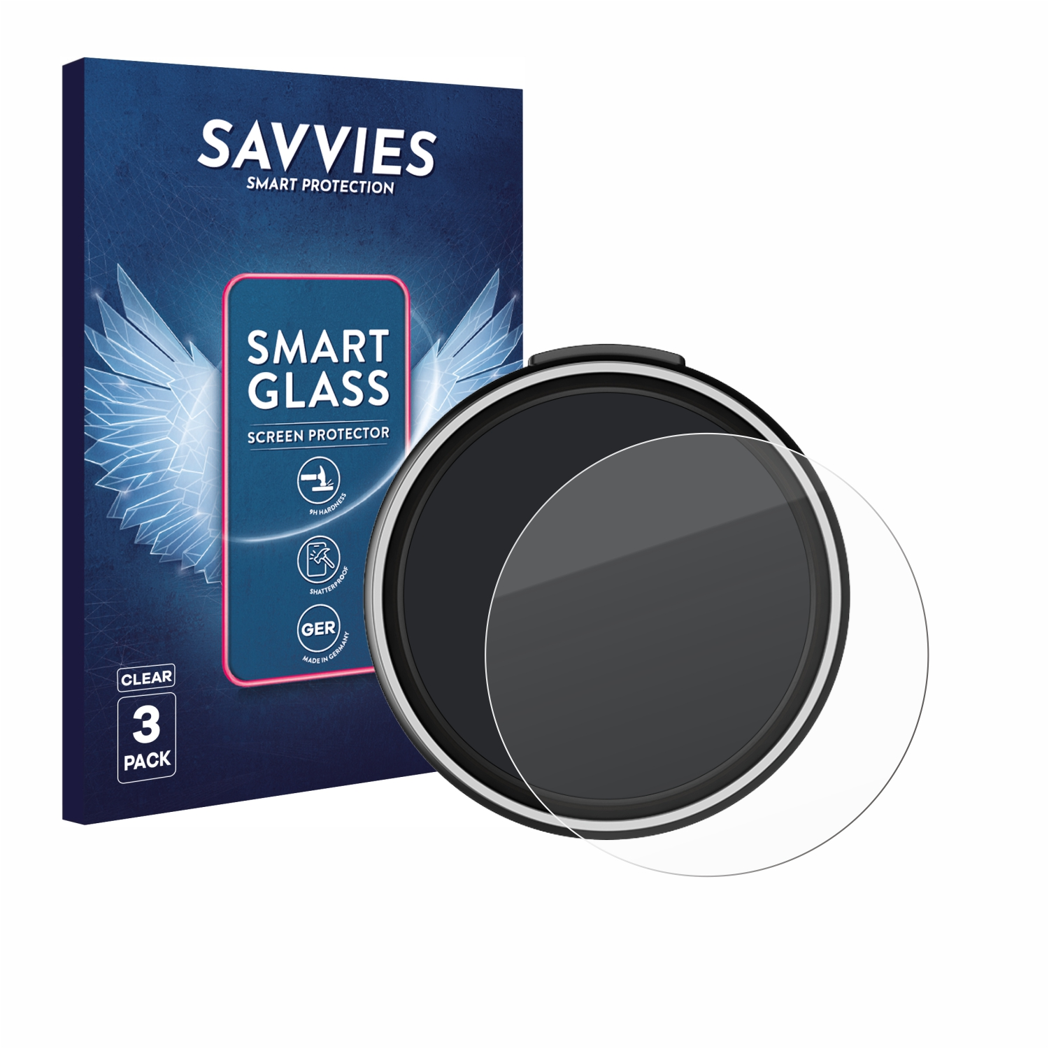 Eine Schachtel mit Savvies Smart Glass Displayschutzfolien und ein runder Displayschutz. Auf der Schachtel steht 'Smart Glass' und '3er-Pack'.