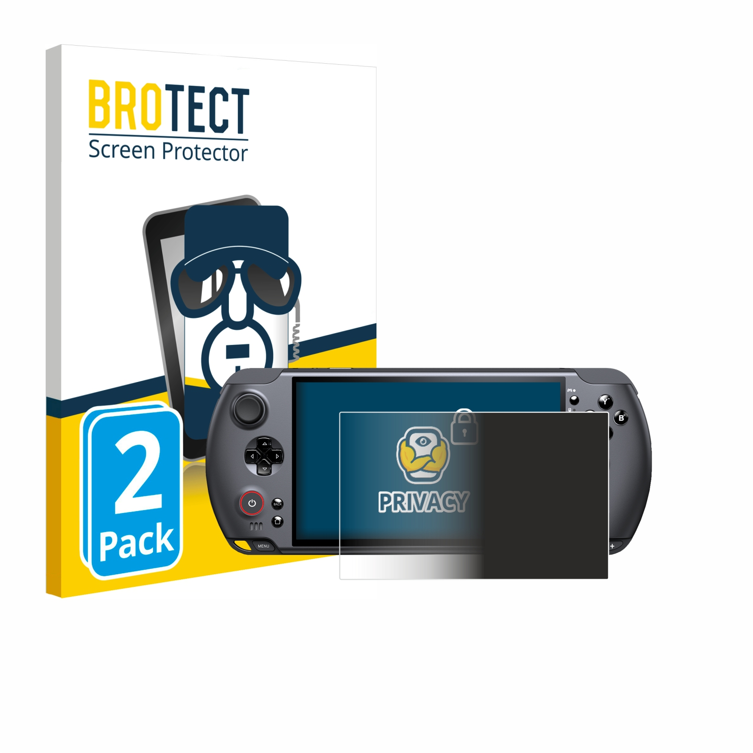 Gezeigt werden eine Displayschutzfolien-Box und eine Handheld-Konsole. Auf der Konsole ist eine Displayschutzfolie angebracht. Das Wort "PRIVACY" ist sichtbar.