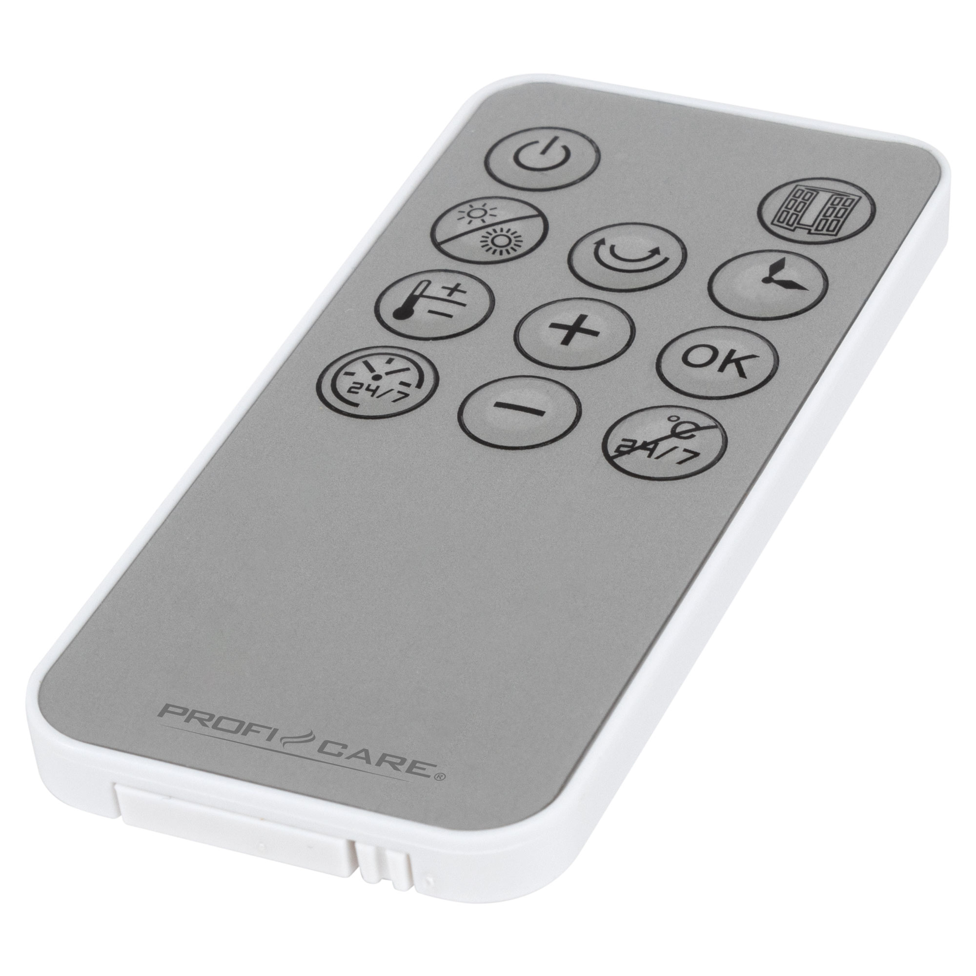 Szary pilot z przyciskami zasilania, temperatury i czasu. Ma białą ramkę, a marką jest Profi Care.