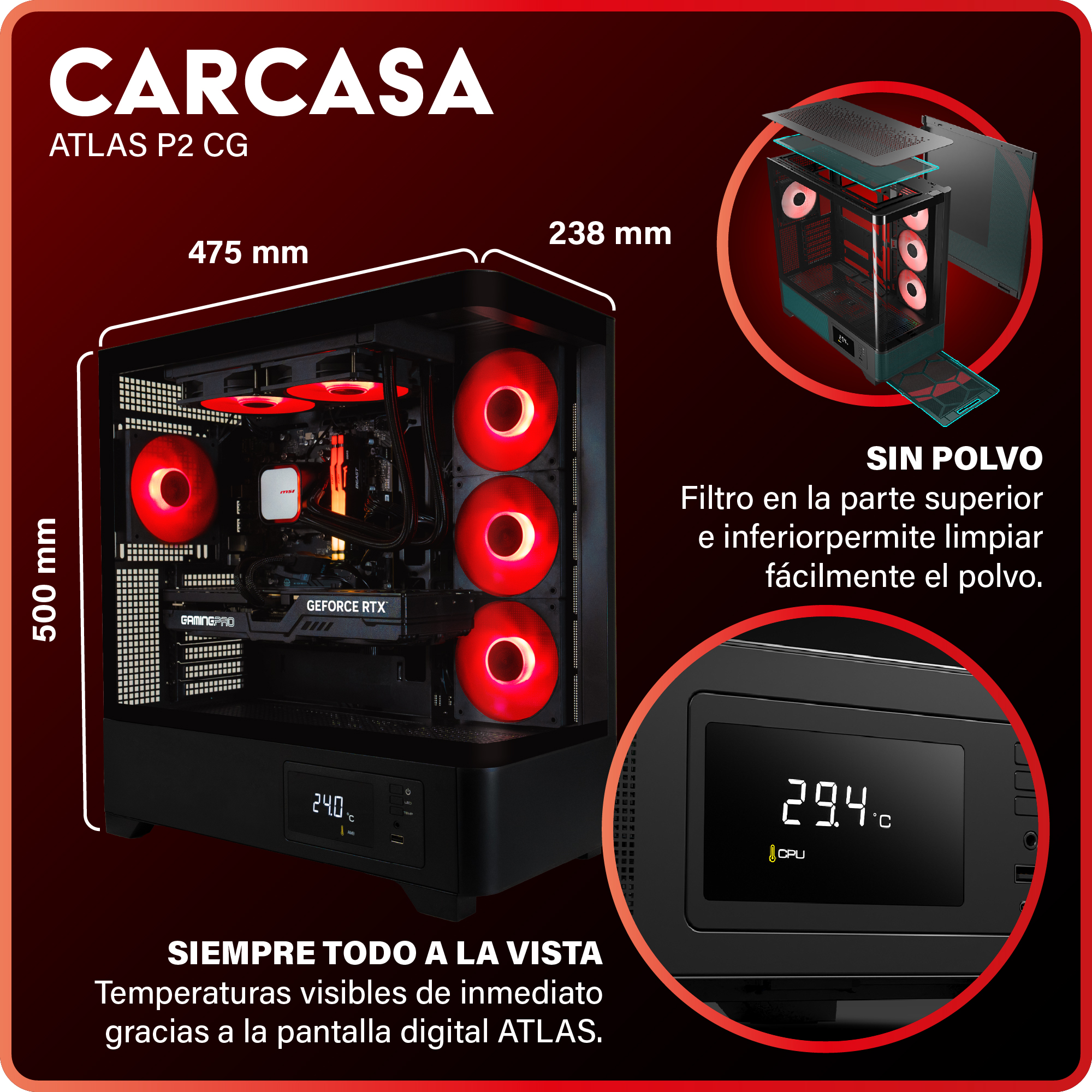 Una caja de computadora con ventiladores rojos y una pantalla digital que muestra temperaturas. Las dimensiones están etiquetadas.
