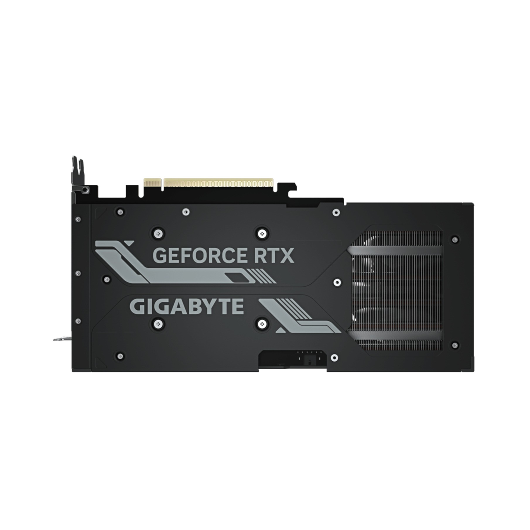Czarna karta graficzna Gigabyte GeForce RTX. Zawiera tekst, wentylator i srebrne akcenty na białym tle.