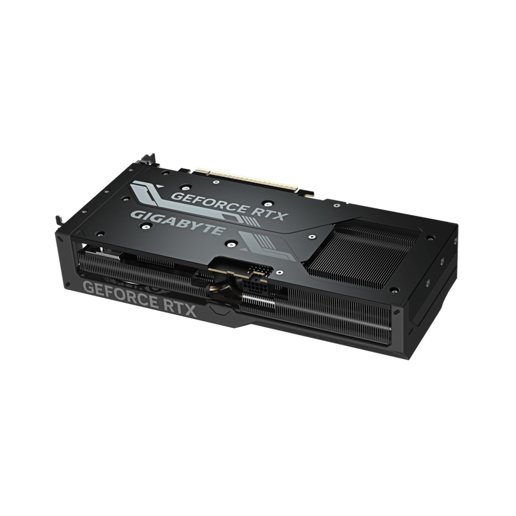 Czarna karta graficzna Gigabyte GeForce RTX. Ma srebrny tekst i system chłodzenia z żebrami.