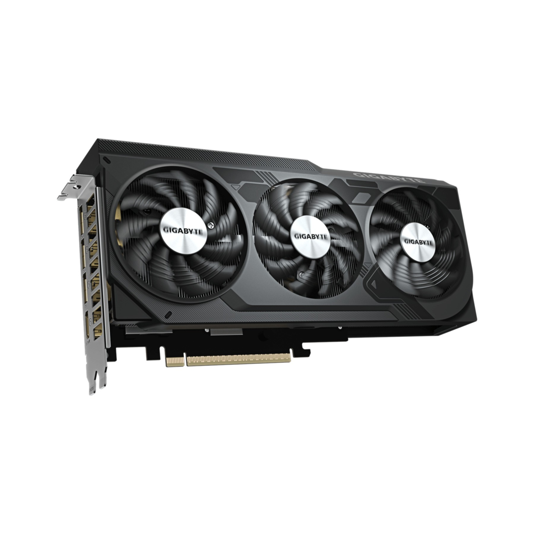 Karta graficzna Gigabyte z trzema wentylatorami. Czarno-srebrna kolorystyka. Widoczne złącze PCI.