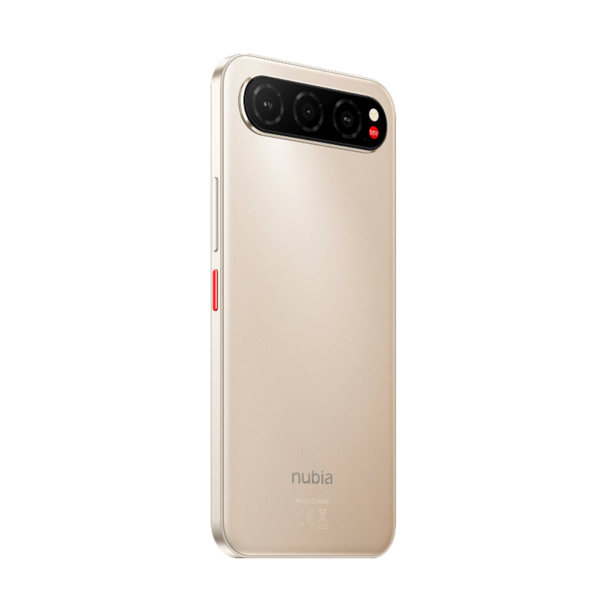 Złoty telefon Nubia z trzema aparatami i czerwonym przyciskiem. Telefon ma logo Leica.