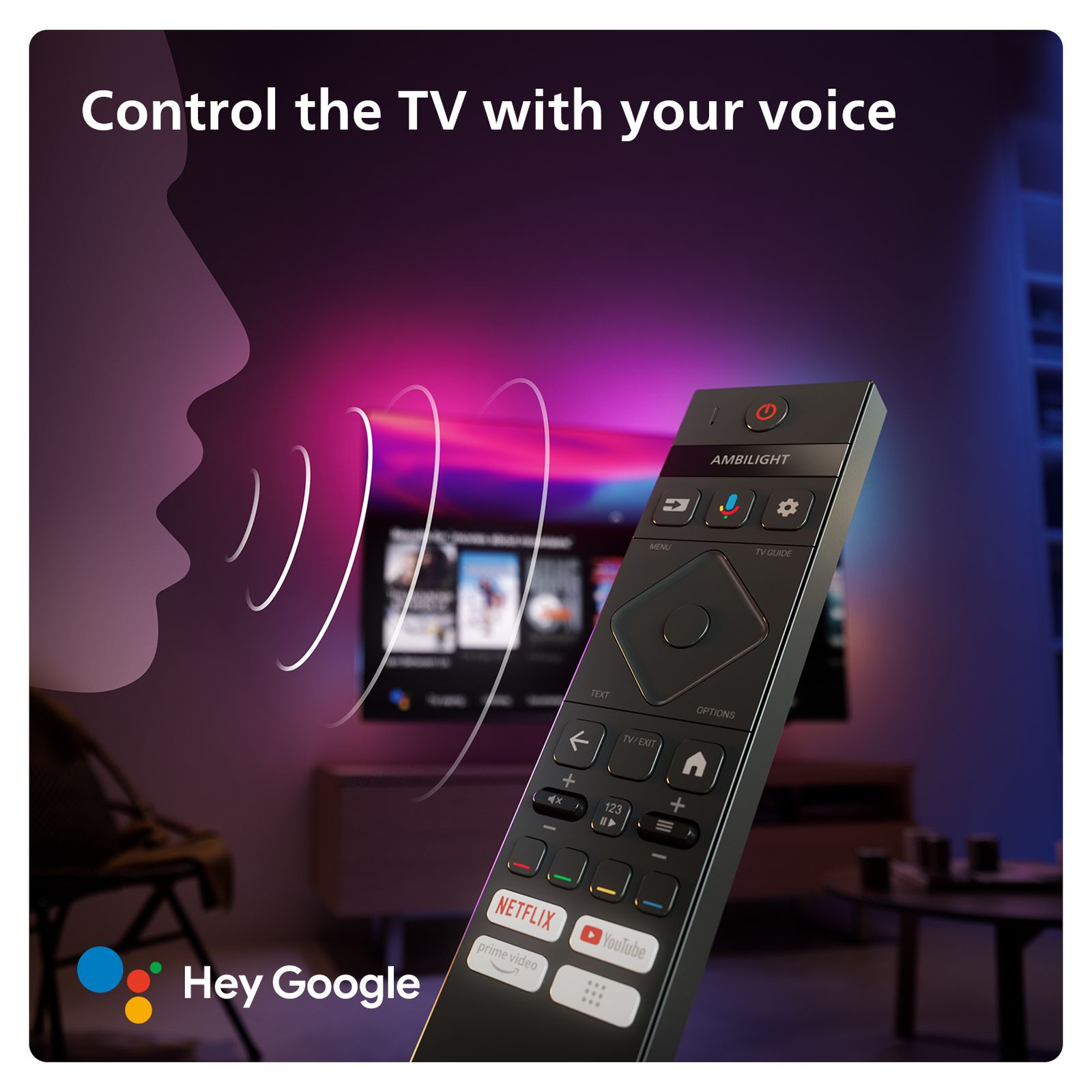 Un mando a distancia con control por voz está en primer plano. En el fondo, un televisor con el texto 'Hey Google'.