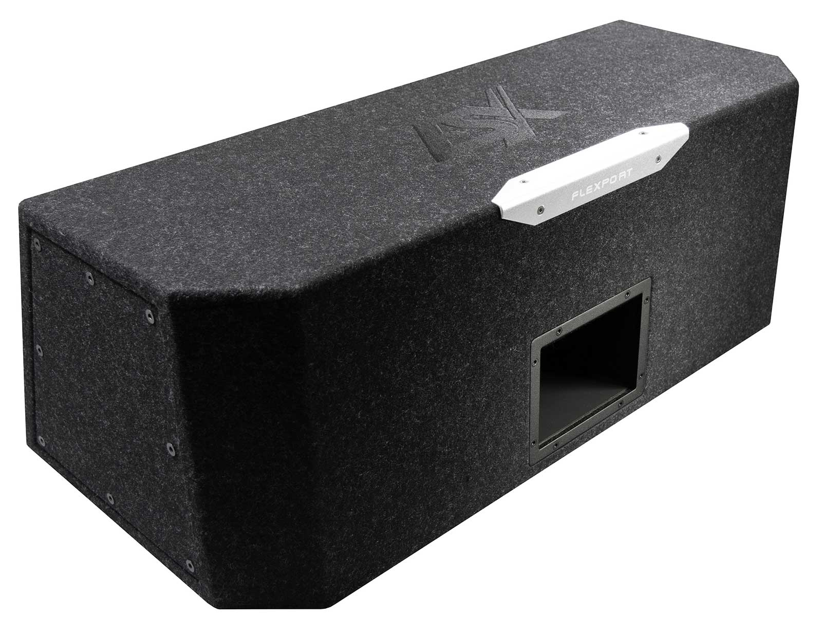 Eine rechteckige, schwarze Lautsprecherbox mit einer Flexport-Platte. Es hat eine Entlüftung und ein Logo oben.