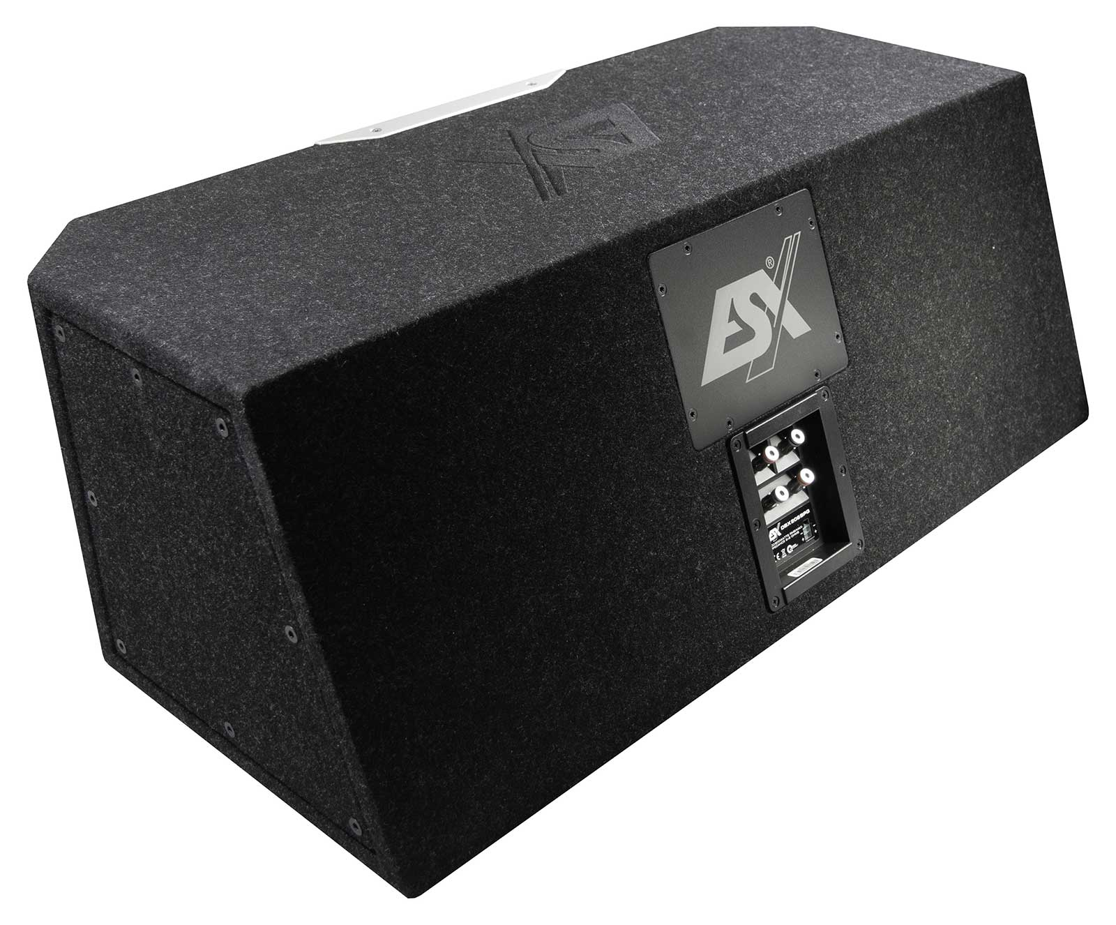 Eine rechteckige, schwarze Subwooferbox mit dem 'ASX'-Logo. Sie hat eine stoffartige Textur und verschiedene Anschlüsse.