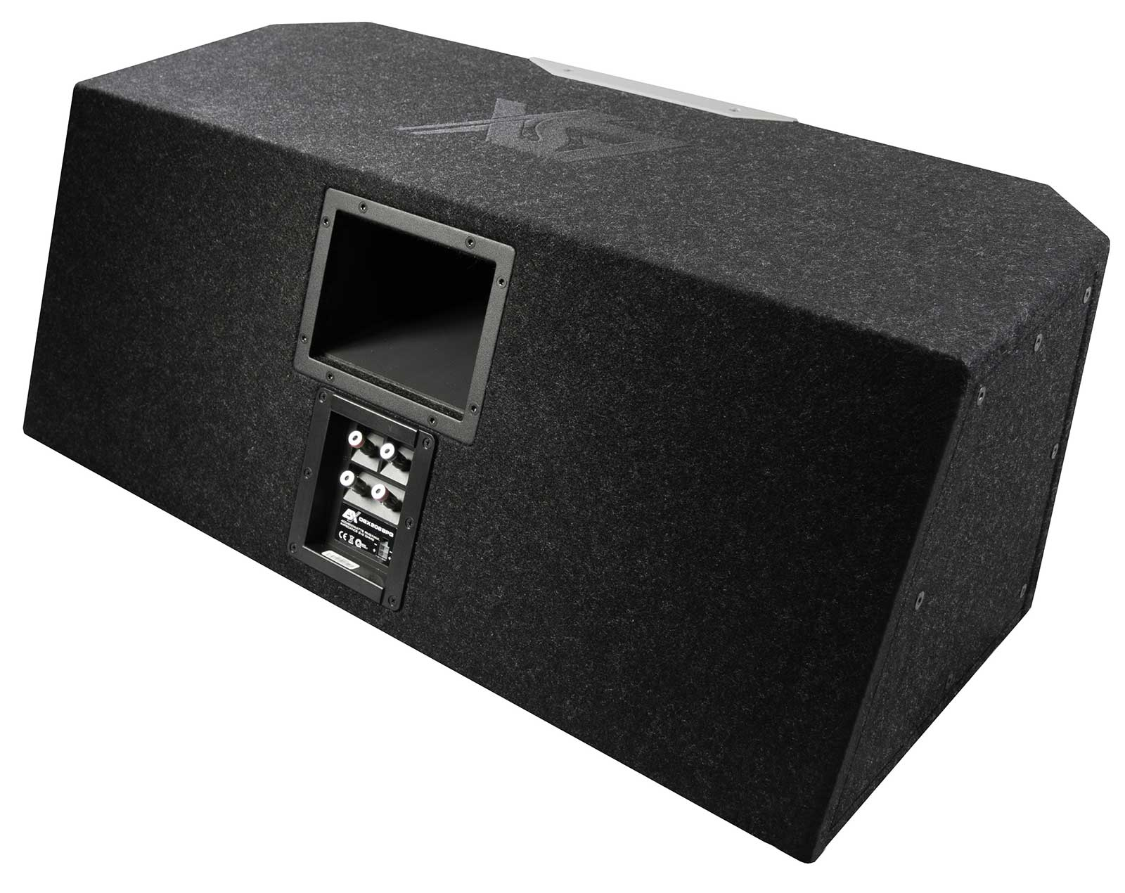Eine dunkelgraue rechteckige Subwoofer-Box mit einer rechteckigen Öffnung und einer Anschlussfeld.