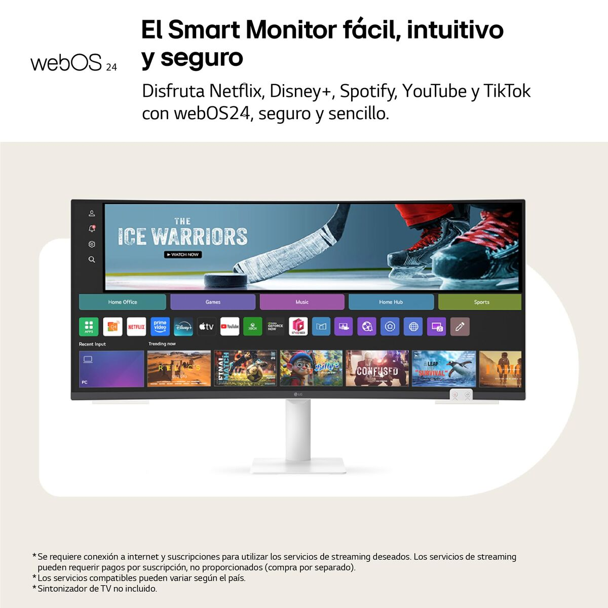 Een witte monitor toont een hockeywedstrijd. Het scherm toont apps en streamingdiensten. Tekst luidt 'El Smart Monitor'.