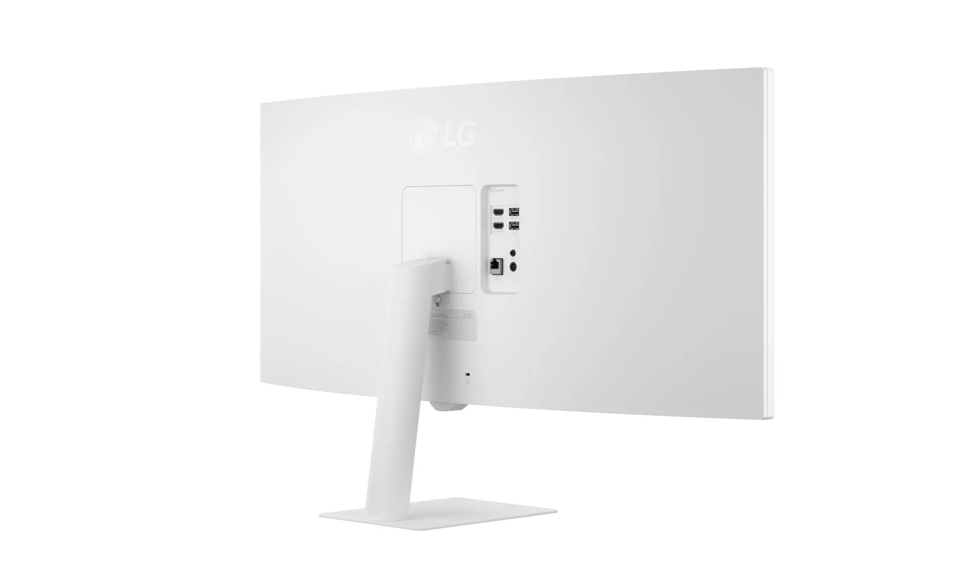 Achterkant van een witte LG monitor. Het heeft een gebogen scherm, een standaard en poorten.