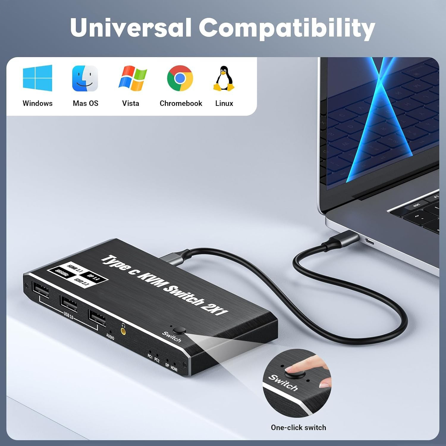 Ein schwarzer KVM-Switch mit Kabeln, die an einen Laptop angeschlossen sind. Symbole für Betriebssystemkompatibilität sind oben. Ein-Klick-Schalter für einfache Bedienung.