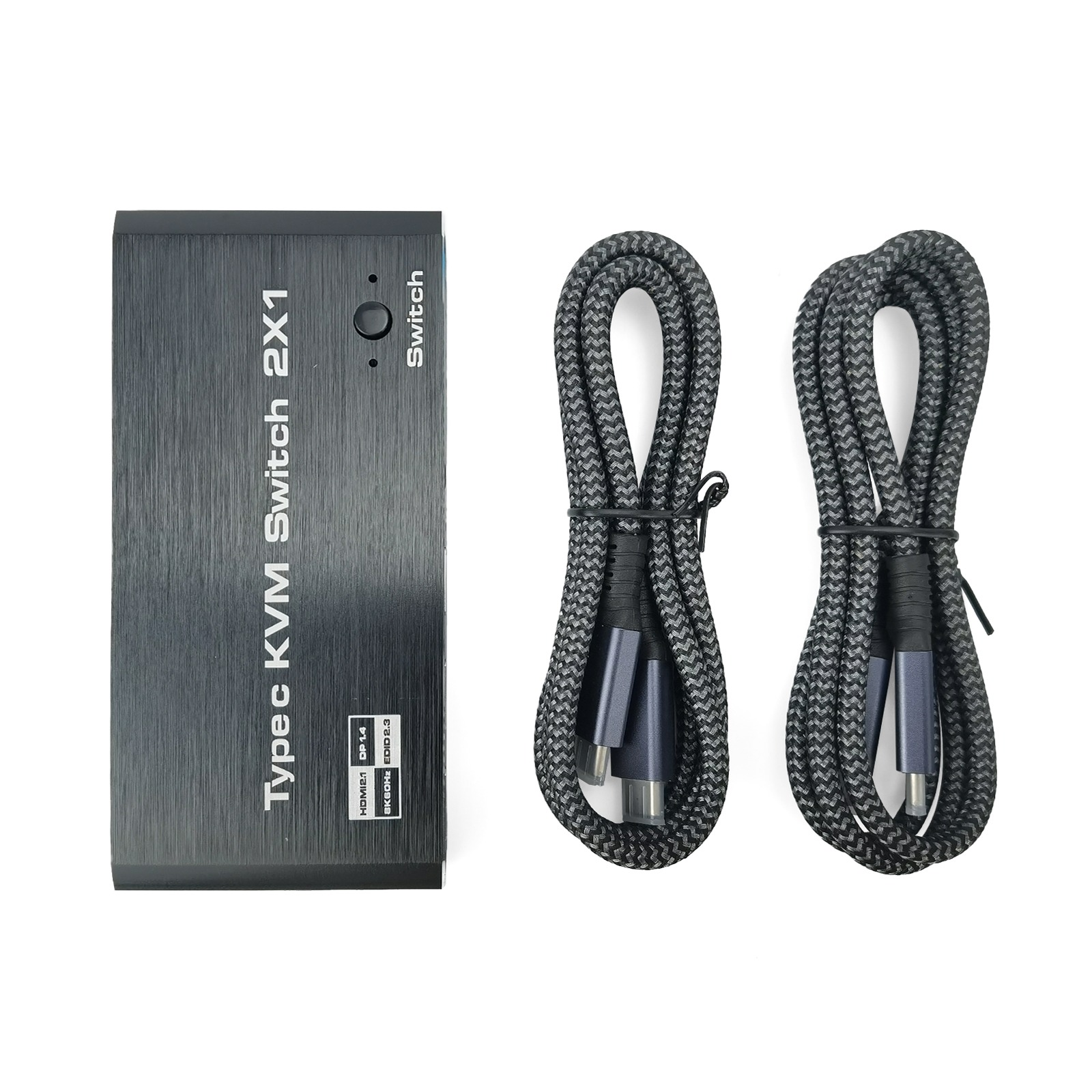 Schwarzer KVM-Switch mit Kabeln. Der Switch hat den Text 'Type C KVM Switch 2X1'. Zwei graue geflochtene Kabel sind vorhanden.