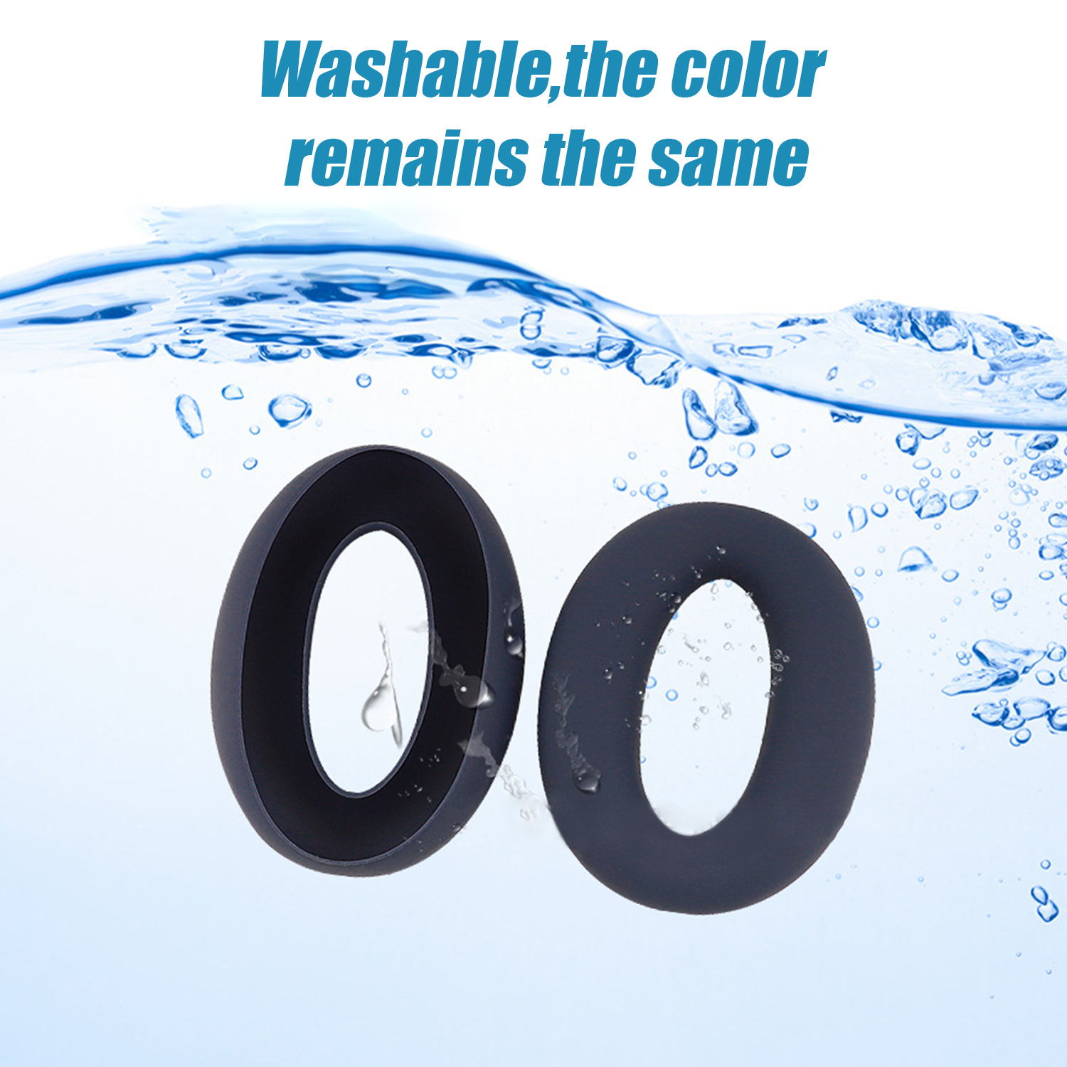 Dwa czarne numery zero zanurzone w wodzie. Widoczne są również bąbelki i tekst "Zmywalny, kolor pozostaje taki sam".